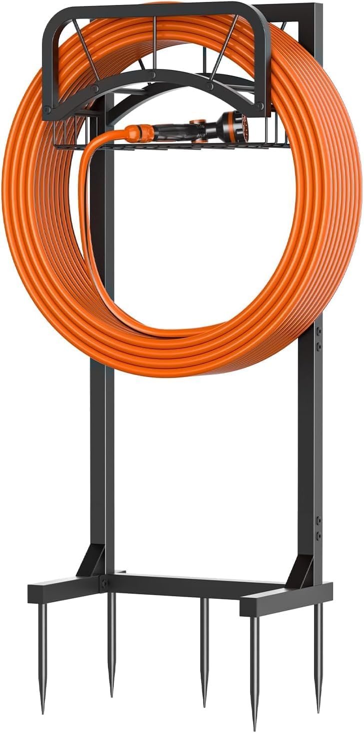 Garden Hose Holder, Upgraded Heavy Duty Freestanding Water Hose Holder Stand with Storage Basket, Holds Up to 160 FT Hose, Perfect for Outside Yard Lawn Farm, Black