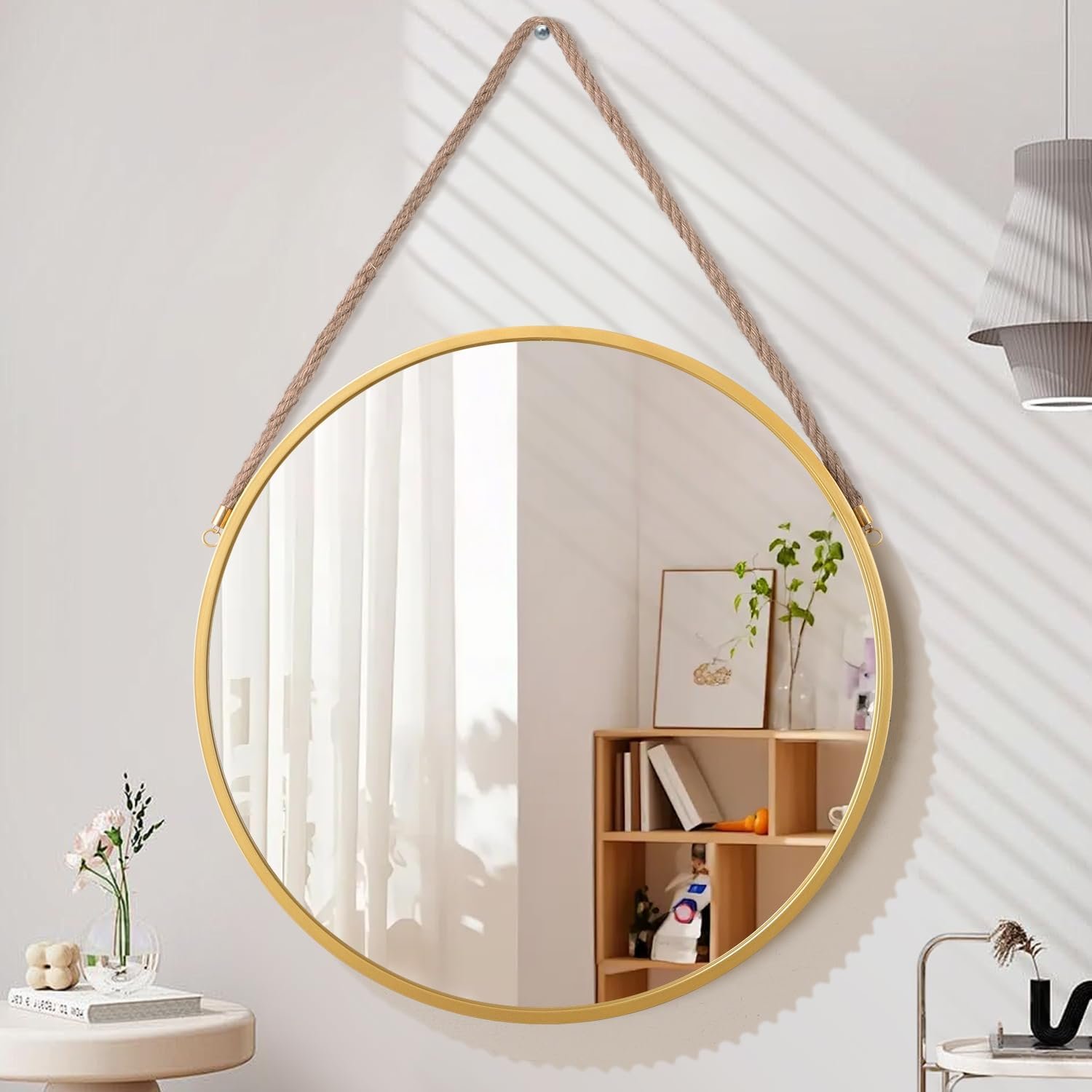 Hanging Mirror Circle Mirror Farmhouse Gold Round Hanging Wall Mirror Artistic with Strap for Bathroom Bedroom Vanity Living Room Entryway 18″