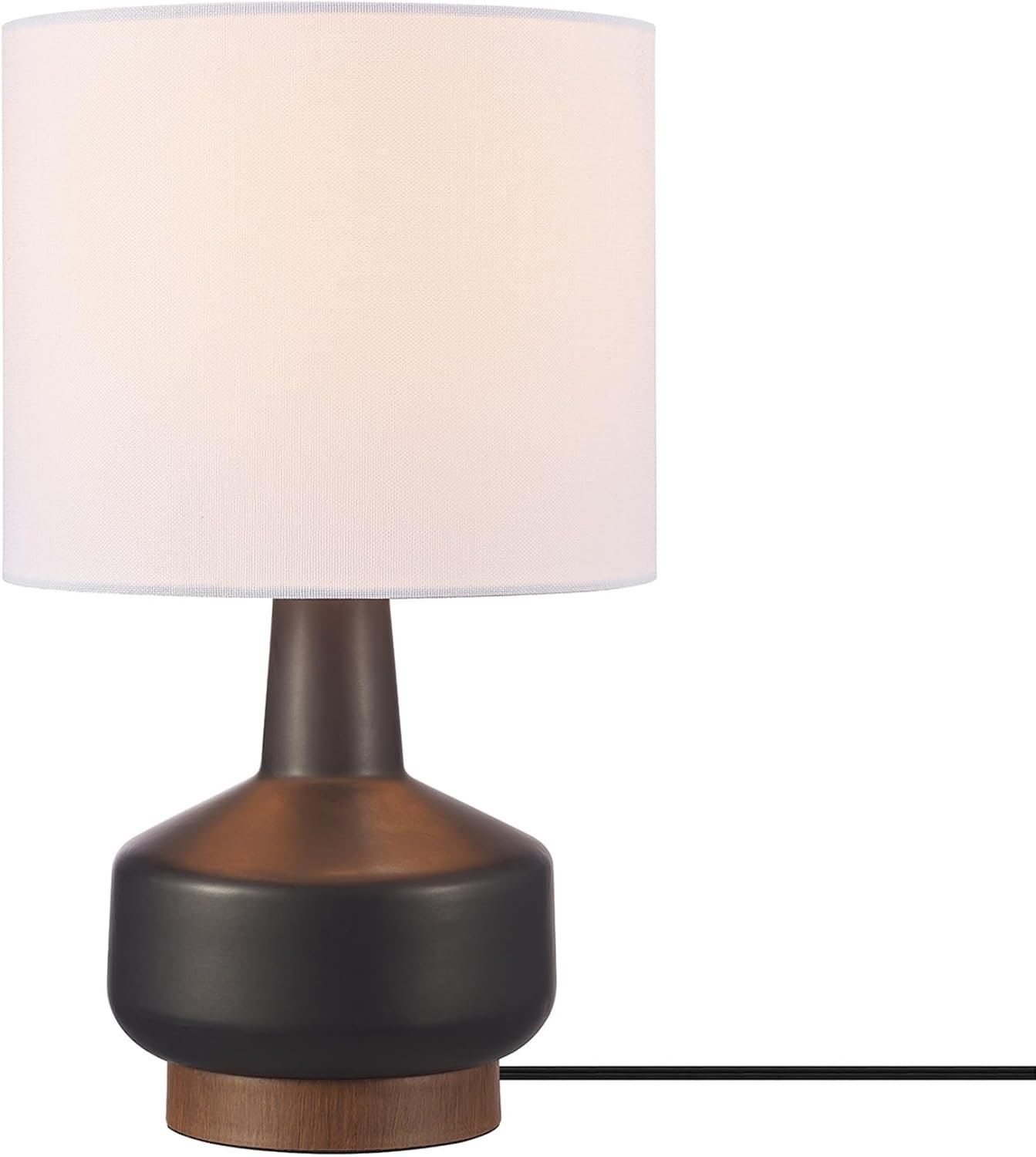 Globe Electric 15″ Ceramic Table Lamp, Matte Black Base, Wood-Toned Accent, White Linen Shade, Dual Rotary Switch, Modern Bedroom or Office Lighting, 61000046