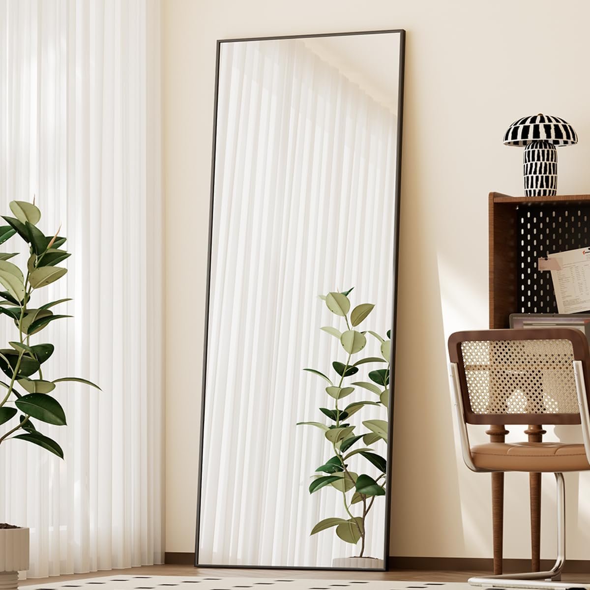 BEAUTYPEAK Full Length Mirror with Stand, 56″x21″ Floor Mirror with Aluminum Alloy Thin Frame, ShatterVue Tempered Full Body Mirrors, Free Standing or Wall-Mounted Mirrors for Living Room, Black