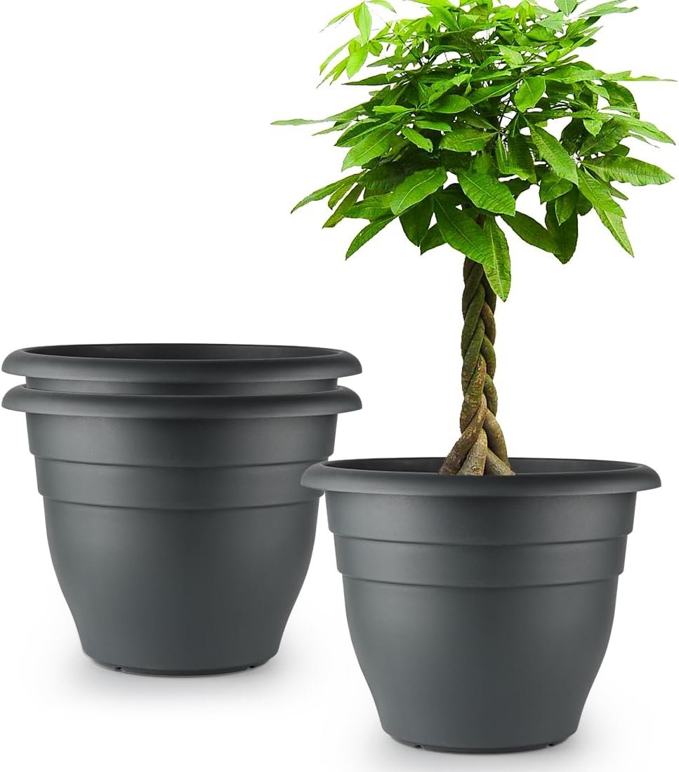 RooTrimmer 3 Pack Large 16 Inch Plastic Plant Pots for Outdoor Plants,Durable & Lightweight Flower Pots with Drainage Holes,Weather-Resistant Large Planters for Patio Garden(Gray)