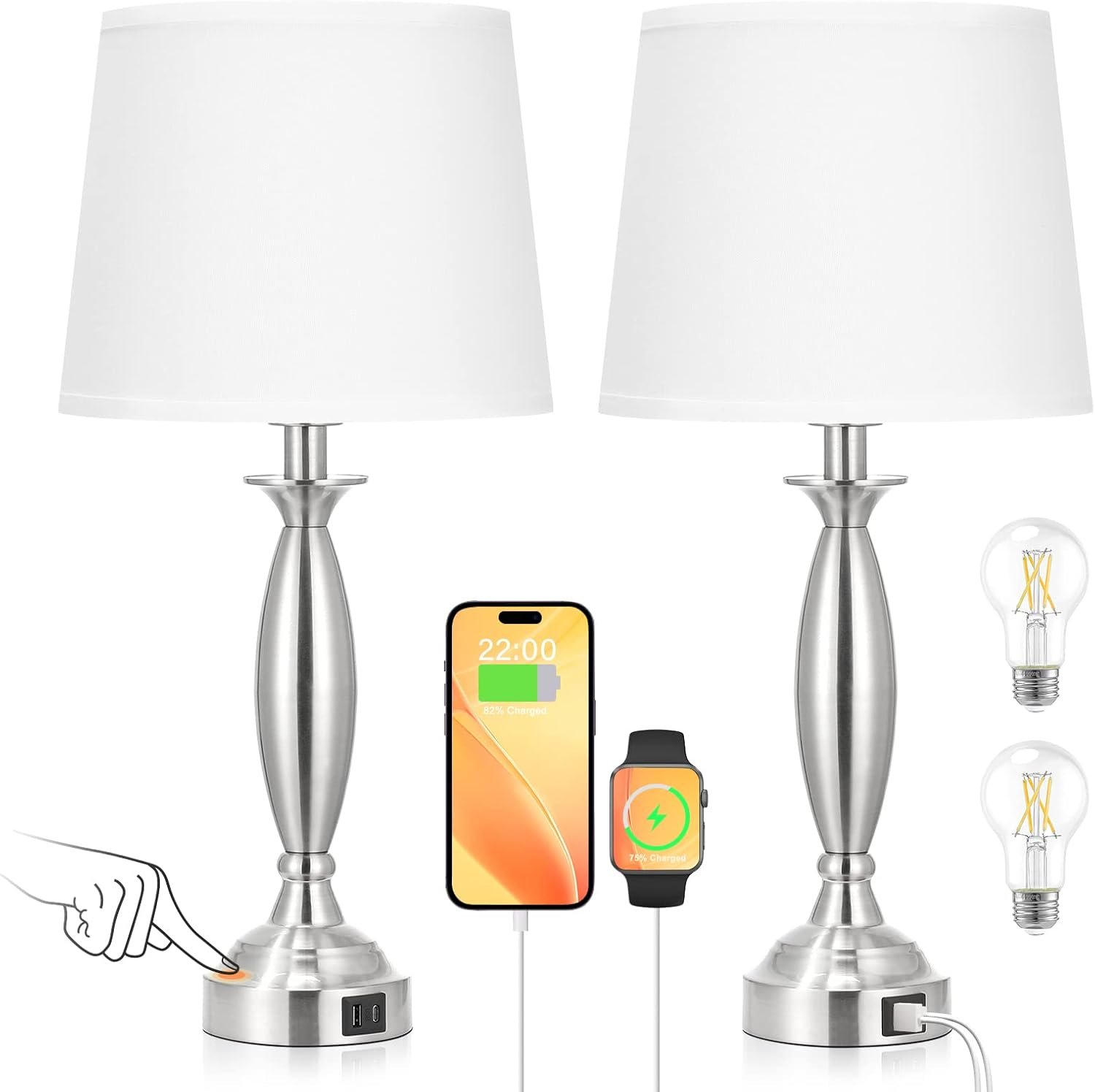 Seealle White Lamps for Bedrooms Set of 2 – Touch Control Bedside Lamp with USB C+A, 3 Way Dimmable Nightstand Lamps with USB Port, Table Lamp for Living Room(White Shade and Nickel Base)