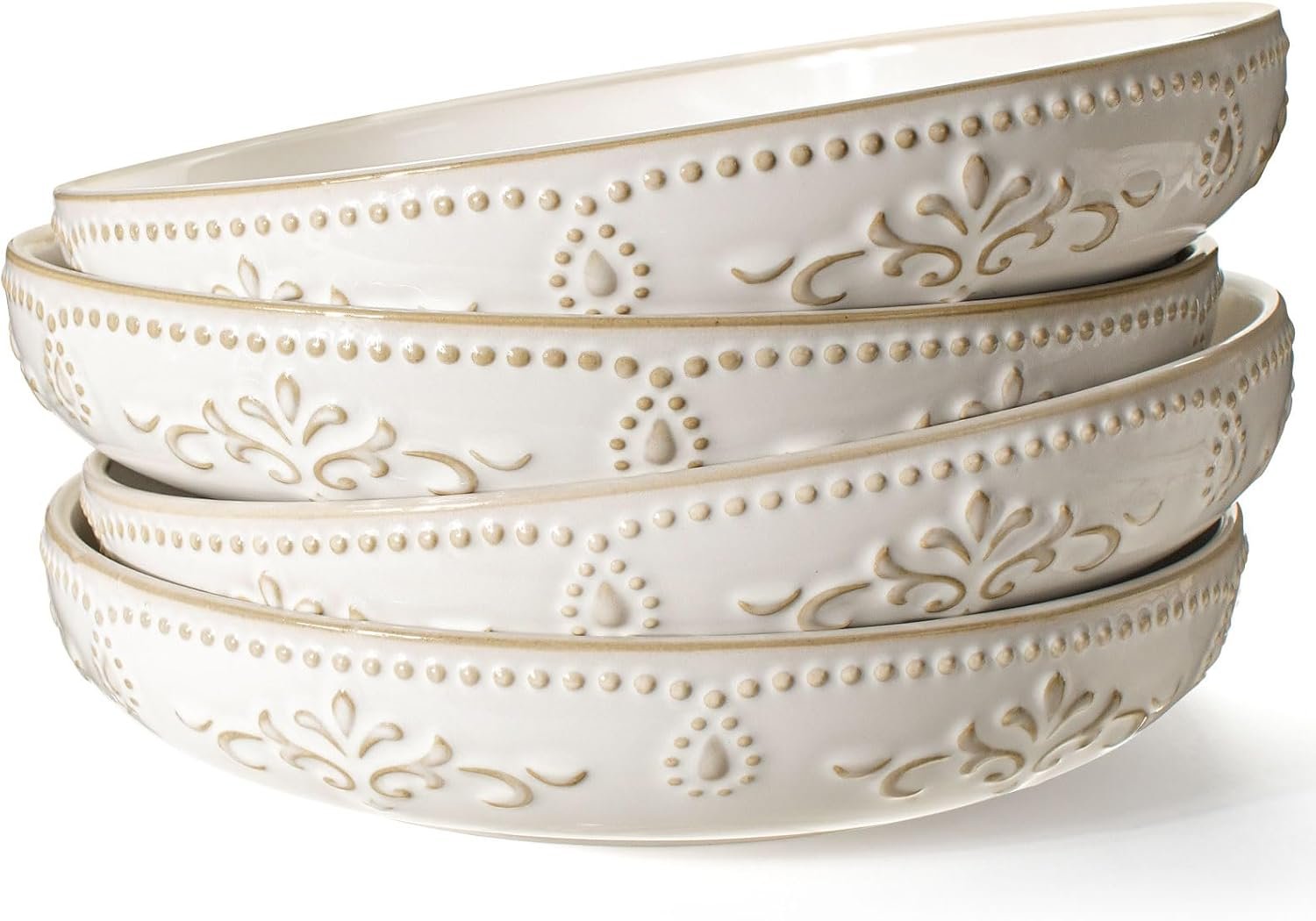 Artena Pasta Bowls, 50oz Large Salad Serving Bowls, 9.75” Plates Bowl Set of 4, Big White Ceramic Soup Bowl for Kitchen, Embossment Shallow Dinner Bowl, Microwave Dishwasher Safe, Damask Floral
