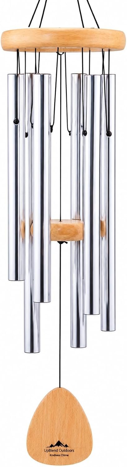 Silver Wind Chimes for Outside Deep Tone, 29 Inch Hand Tuned B Major Pentatonic Soprano Wind Chime with Decorative Kindness Stone, Outdoor Garden Patio Porch Decor, Meaningful Sympathy Memorial Gift