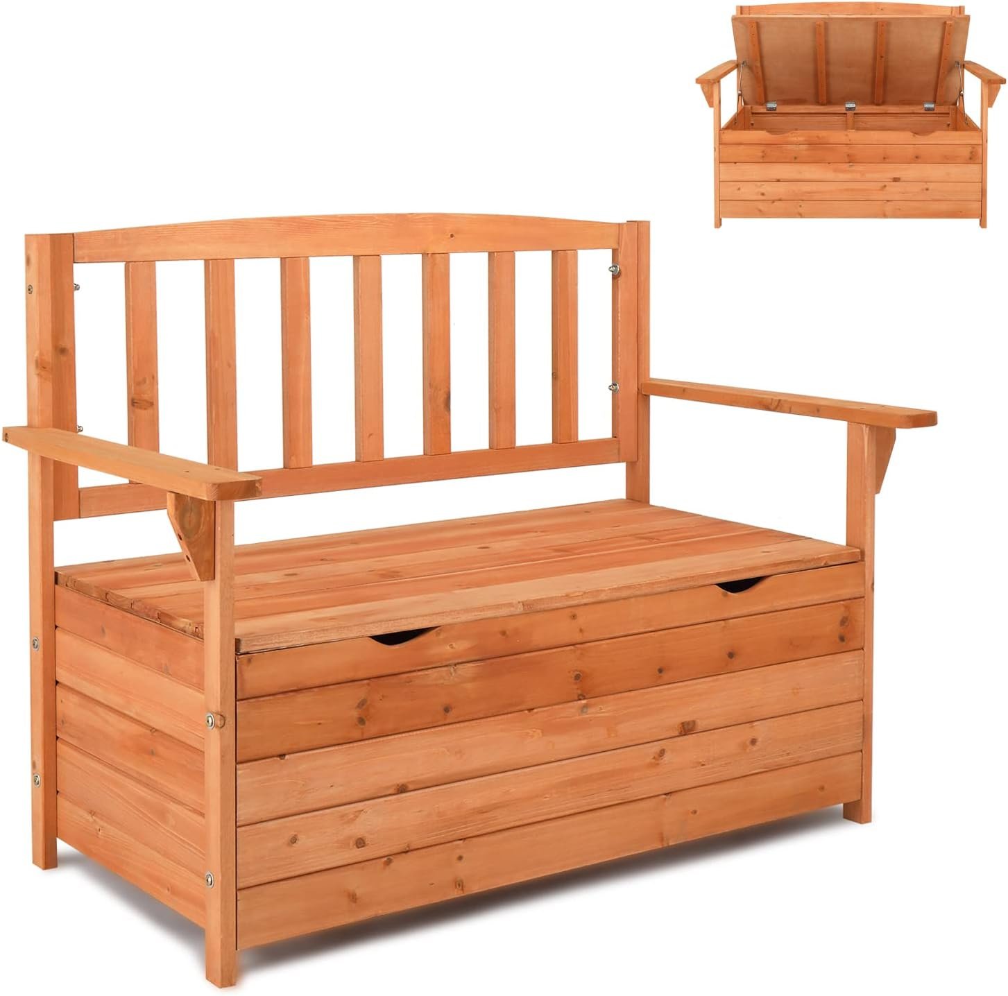 Outvita Outdoor Wood Storage Bench, Wooden Large Deck Box with Seating & Armrest, Waterproof Patio Organizer Loveseat for Garden Porch Deck Backyard Poolside, Natural