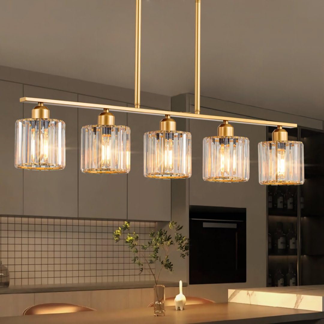 36″ Chandeliers for Dining Room, 5-Light Brass Gold Dining Room Light Fixture, Rectangle Linear Island Lights for Kitchen Chandelier, Adjustable K9 Crystal Pendant Lights Kitchen Island Lighting E26