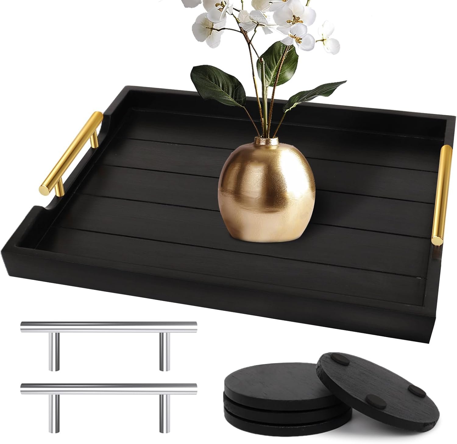 SXNOWS Coffee Table Trays – Large Ottoman Tray for Living Room -Wood Serving Tray with 2 Sets of Handles – Wooden Tray for Coffee Table, 4 Round Coasters Included, Black