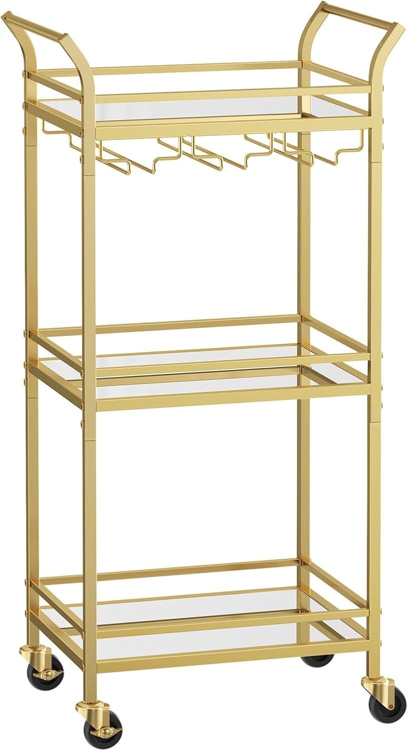 VASAGLE Bar Cart, Home Bar Serving Cart, Small Bar Serving Cart with 3-Tier Shelf, Wine Holders, Glass Holders, Mini Bar Cart for Small Spaces, Kitchen, Dining Room, Living Room, Pale Gold