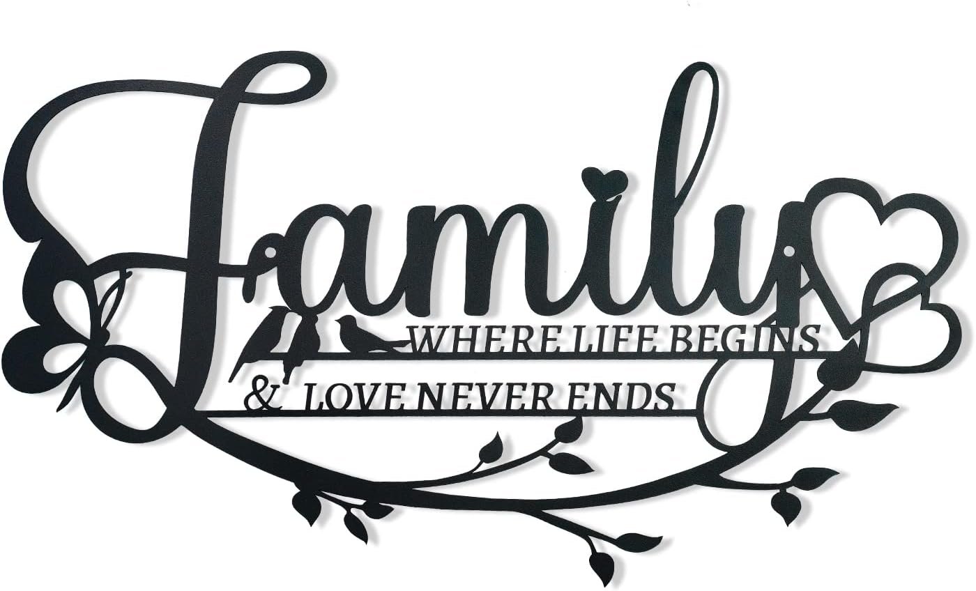 Family Sign Black Metal Wall Art Decor, Oppro Family Where Life Begins Love Never Ends Wrought Iron Wall Decorations, Hanging Plaque Letters Signs Home Decor for Living Room Bedroom Dining Room Kitchen Mother’s Day Father’s Day