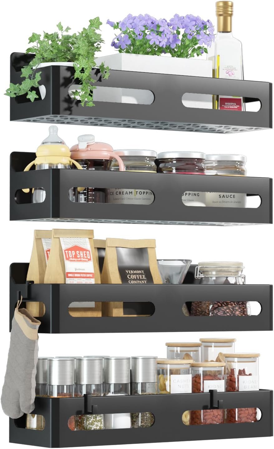 Sevenblue 4 Pack Strong Magnetic Spice Rack for Refrigerator, Multipurpose Magnetic Shelf for Fridge with 4 Hooks for Kitchen and Bathroom Organization, Black