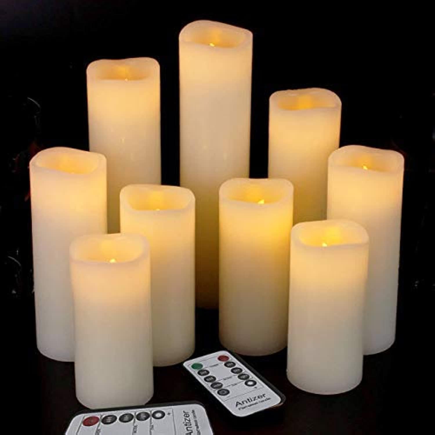 antizer Flameless Candles Led Candles Pack of 9 (H 4″ 5″ 6″ 7″ 8″ 9″ x D 2.2″) Real Wax Battery Candles with Remote Timer for Home Fireplace Decor Wedding Festival Decor (Ivory 9 Pack)