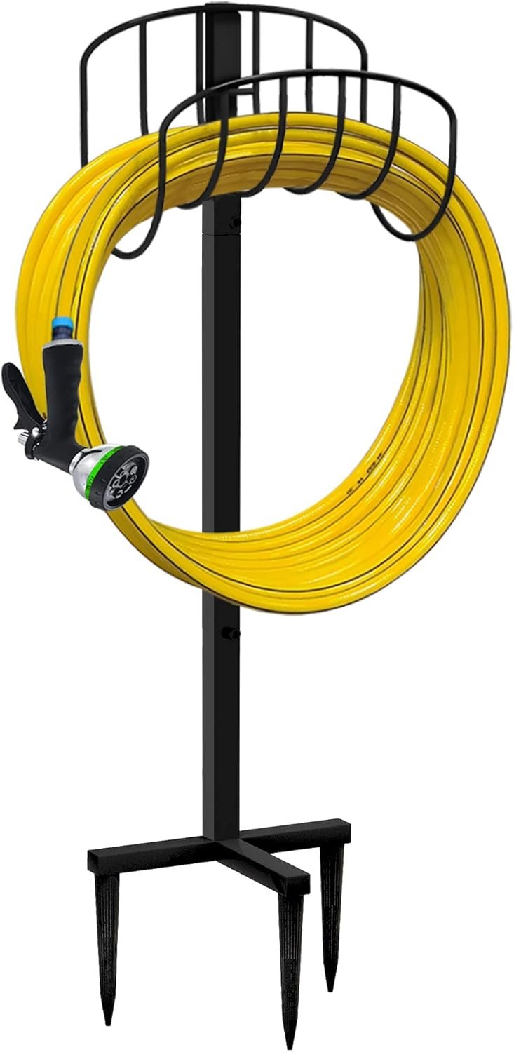 Artigarden Freestanding Garden Hose Holder Hanger, Outdoor Heavy Duty Metal Water Hose Storage Holders Stand Organizer Rack Detachable Stake, Holds 150 Ft of Hoses for Outside Lawn Yard, Black