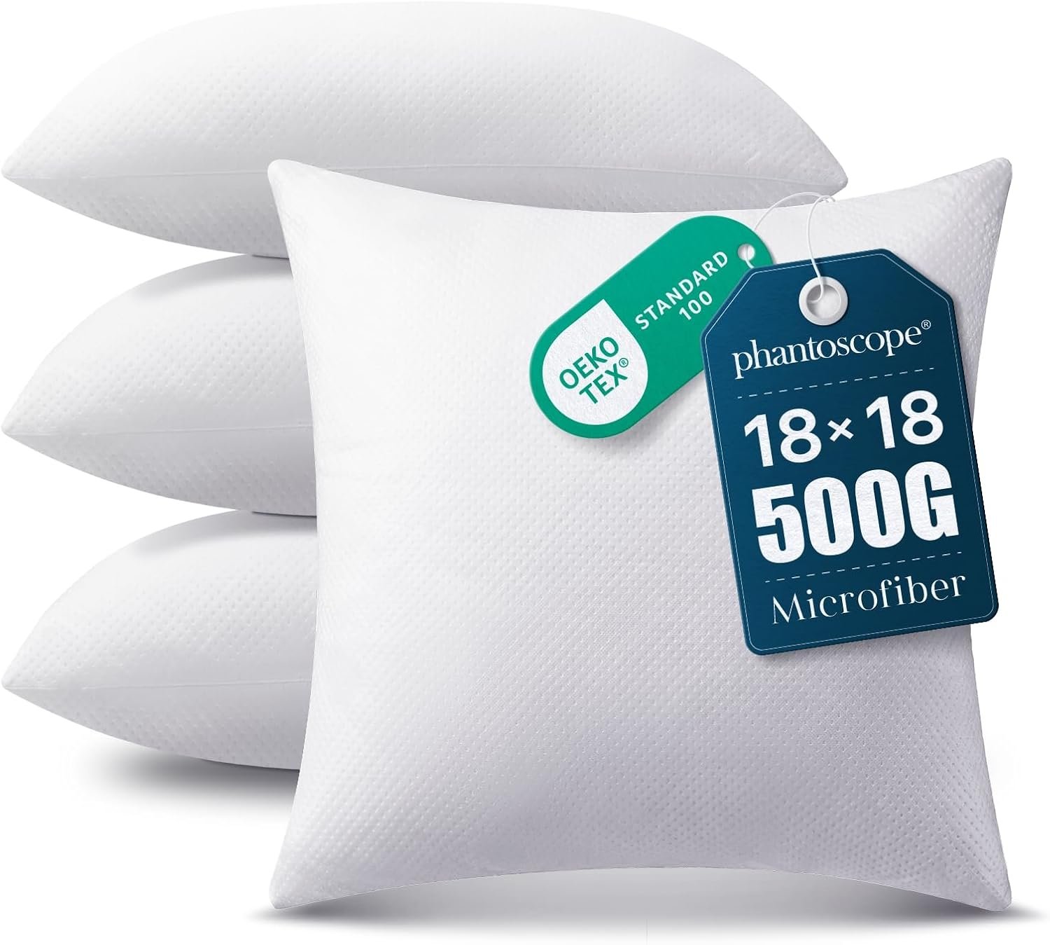 Phantoscope Pillow Inserts, Hypoallergenic 100% Virgin Fiber Square Form Microfiber Throw Pillow Inserts, Couch Bed Pillows 45×45 cm, 18×18 Inch (Pack of 4)