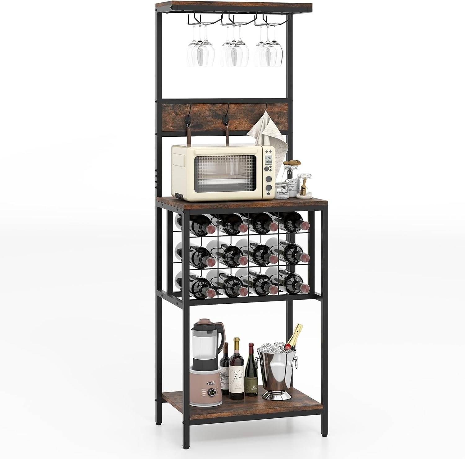 Giantex Tall Wine Rack Freestanding Floor, Wine Bar Cabinet w/ 3 Glass Racks, 12 Bottle Holders, 3 Hooks, Coffee Bar Liquor Cabinet, Industrial Kitchen Bakers Rack for Home, Dining Room, Rustic Brown
