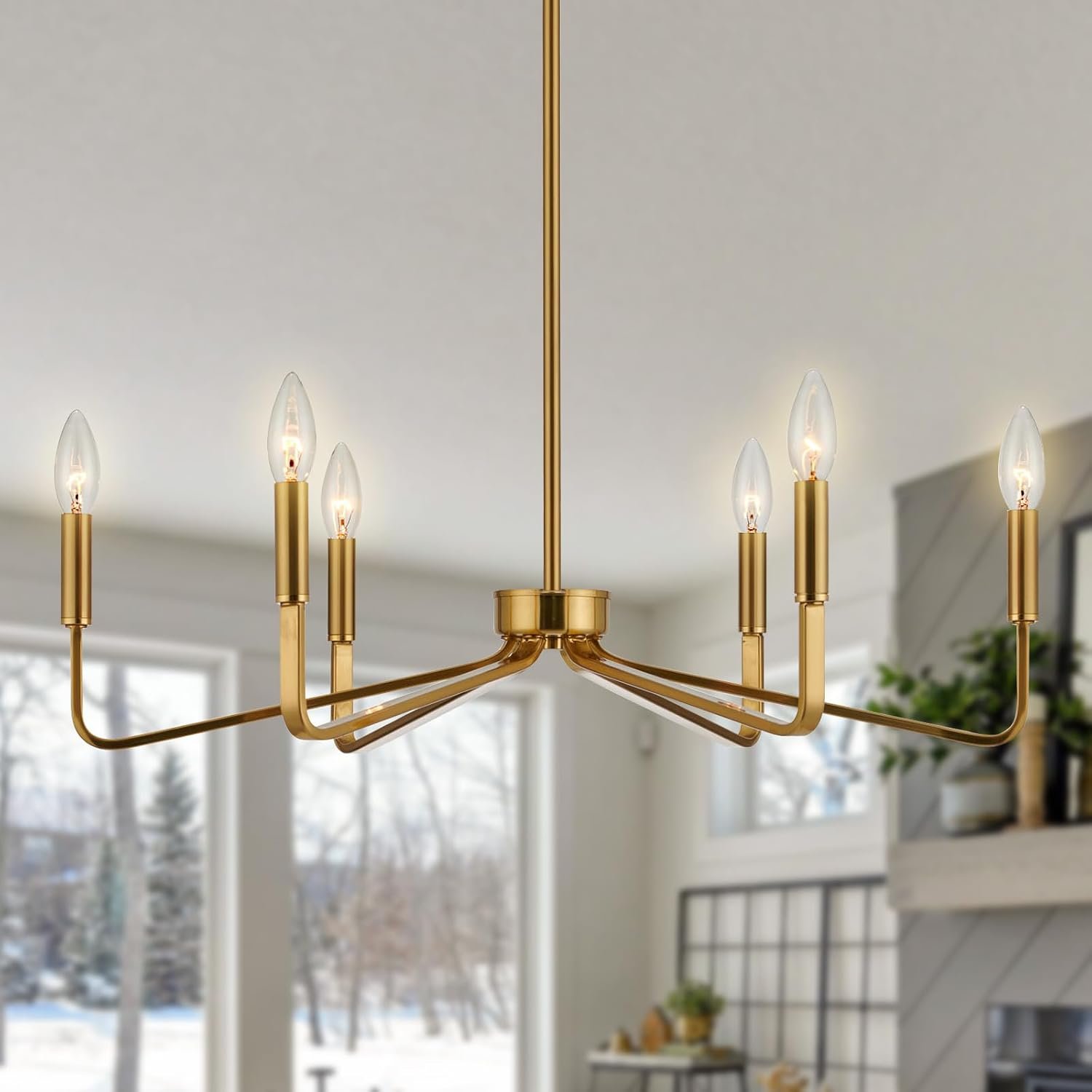 Brushed Gold Chandeliers for Dining Room, 6-Light Modern Farmhouse Chandelier, Brass Candle Style Hanging Light Fixture for Living Room Bedroom Kitchen Island