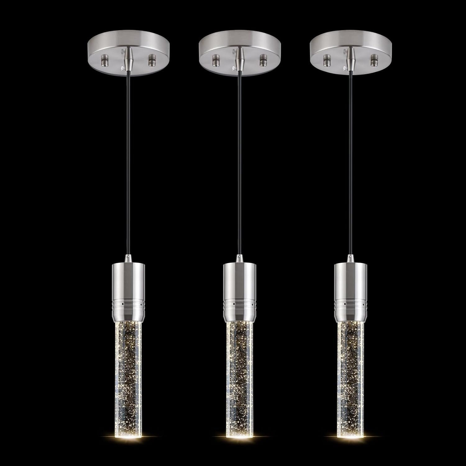 Brushed Nickel Pendant Lights Kitchen Island, Crystal Bubble Pendant Lights, Adjustable Modern Pendant Light Fixtures for Dining Living Room Bedroom 3 Pack