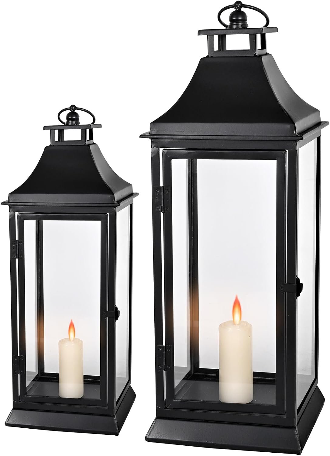 SwallowLiving Black Outdoor Lanterns Set of 2, 19.5″ & 13.3″ Farmhouse Large Metal Decorative Candle Lanterns with Tempered Glass for Patio, Fireplace, Table Centerpiece & Indoor Decor (No Candle)