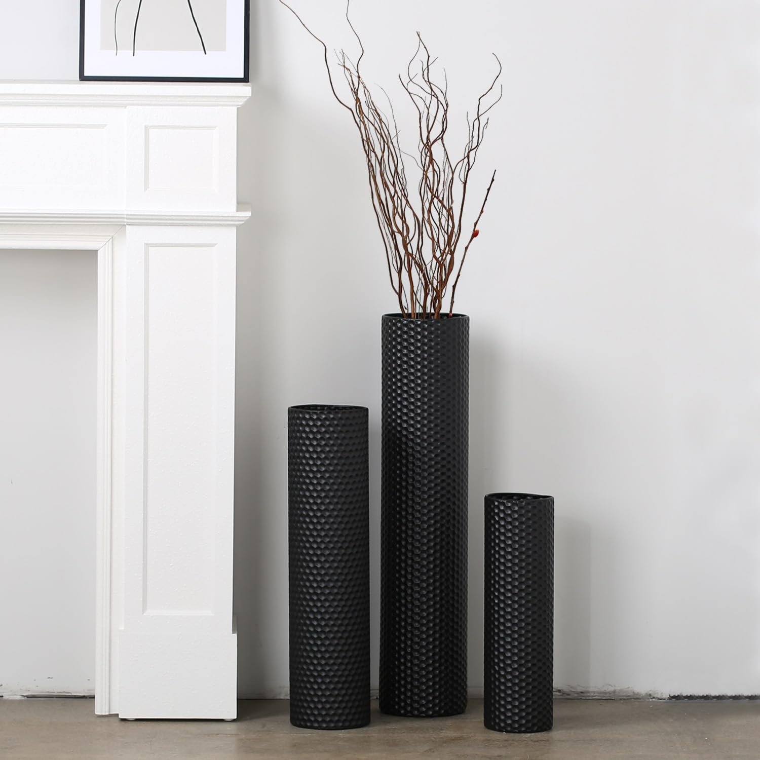 Dnnnii Tall Floor Vases Set of 3 – Black Metal Cylinder Vases for Living Room Corner, Modern Honeycomb Texture, Extra Large Standing Decor (Tallest 27.6in, Home Bedroom Dining Decor)