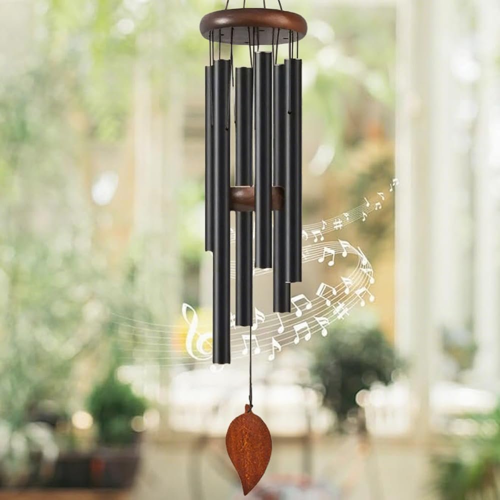 28″ Large Wind Chimes, Classic 6 Tuned Tubes Wind Chime with Leaves and Can Make Beautiful Sounds, Suitable Outdoor, Garden, Patio Decoration, Housewarming Gifts, Black