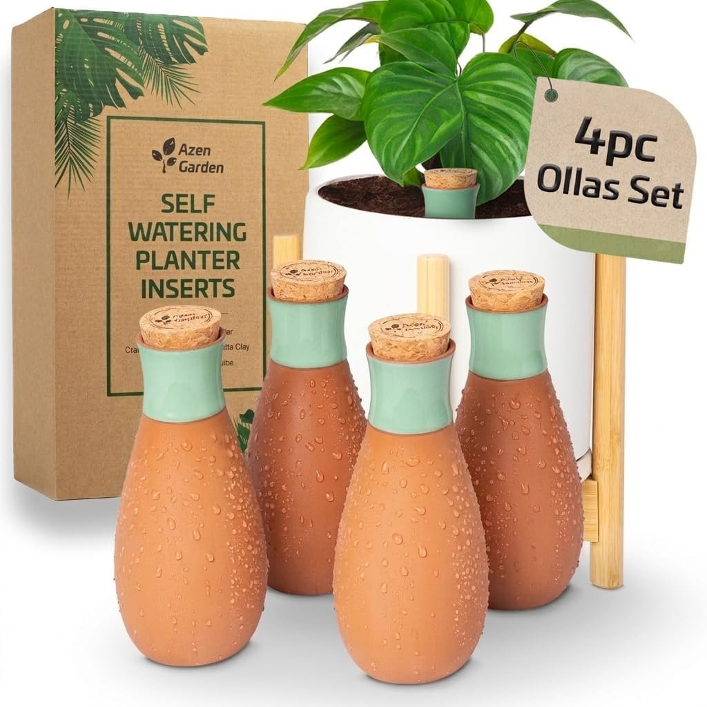 Ollas Plant Watering Globes – Terracotta Self Watering Planter Insert – Watering Bulbs for Indoor and Outdoor Plants with Easy Top Refill System – Set of 4 (Jade Green)