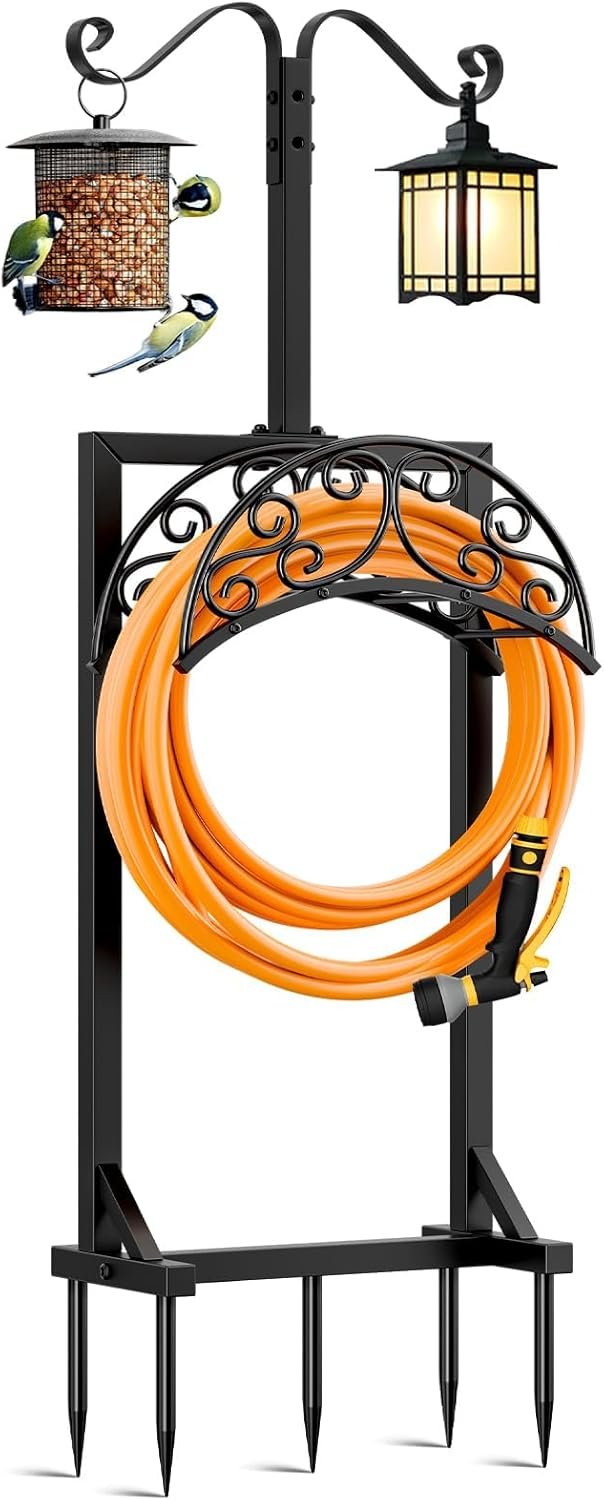 Garden Hose Holder for Outside – Upgraded Water Hose Holders with 5 Spikes & 2 Shepherds Hooks, Freestanding Hose Stand Heavy Duty Hose Hanger Hose Storage Hose Reel Rack for Outside Yard Lawn