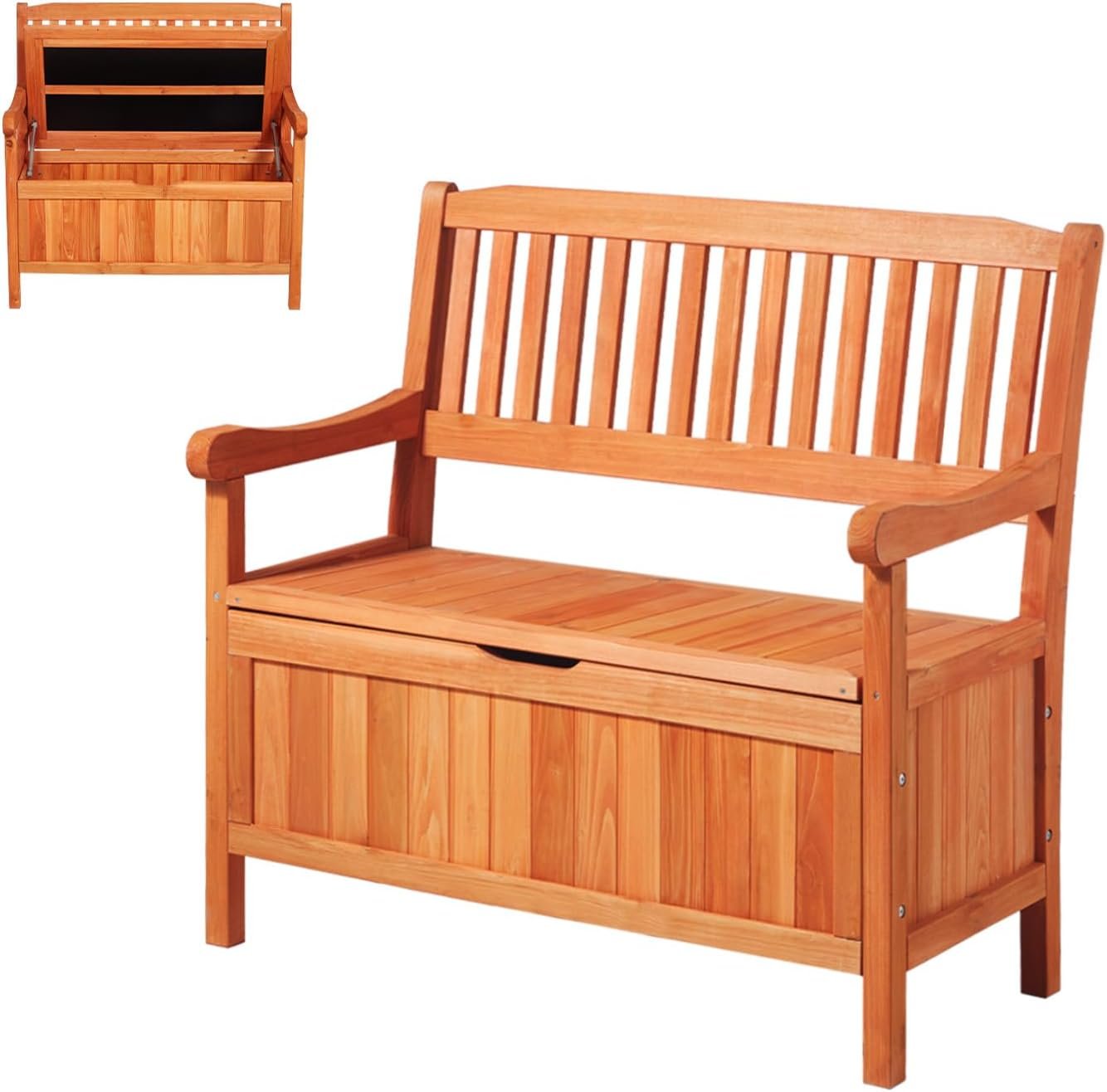 VEVOR Outdoor Storage Bench, 2-Person Wooden Storage Bench, 33 Gallons Deck Box with Side Handle, Supports up to 705 lbs, Outdoor Seating & Porch Decor, for Patio Garden Balcony Yard