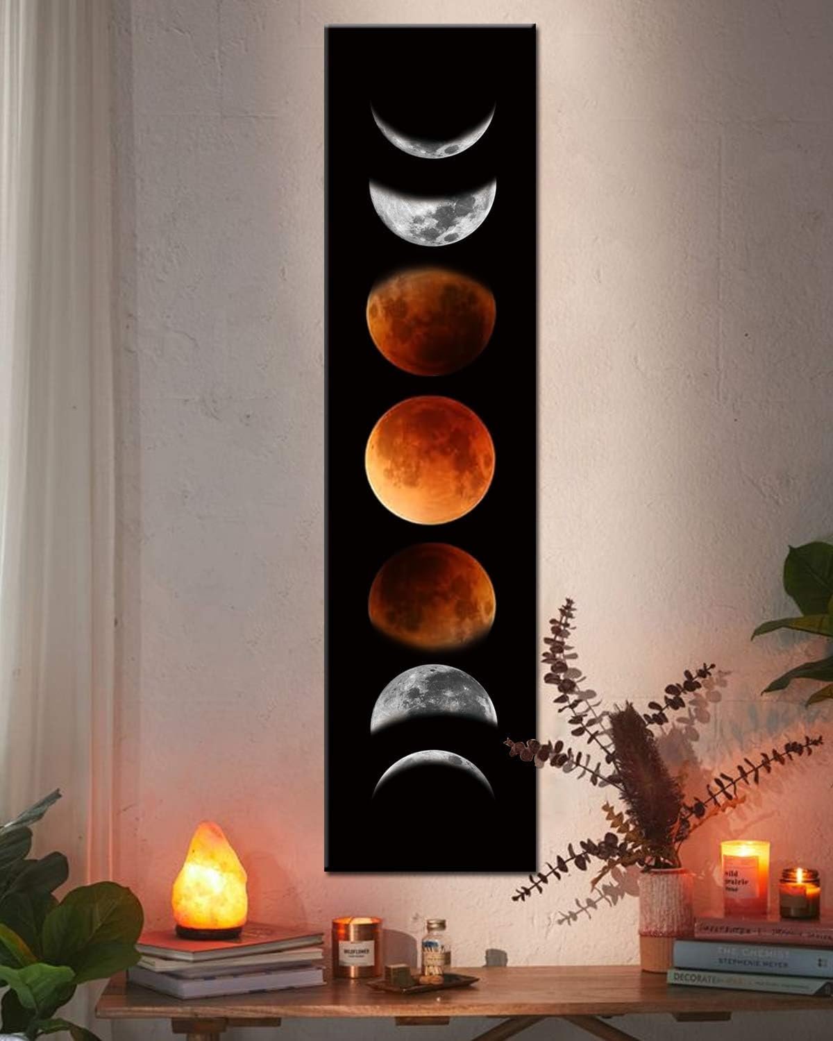 Ohhvvow Moon Phase Wall Art Painting, 47L x 11.8W Black and Tawny Modern Abstract Canvas Wall Art Painting for Living Room Bedroom Decor, Contemporary Artwork for Home Office, Unframed