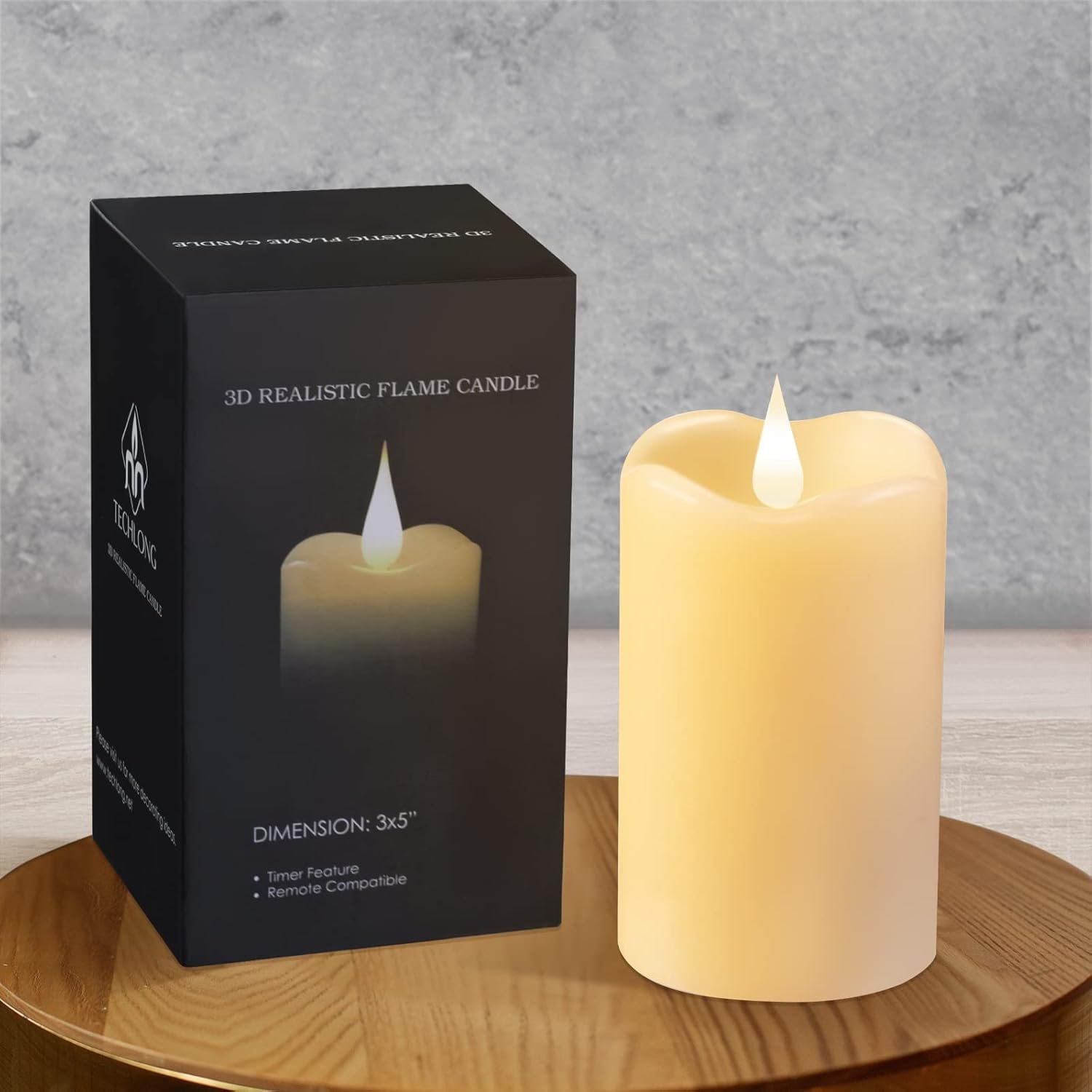 TECHLONG Flickering Flameless Candles with 3D Moving Flame, Last 1000+ Hours Battery Operated Candles with Timer, Ivory Real Wax Pillar Electric LED Candle for Wedding Christmas Party/3″ x 5″