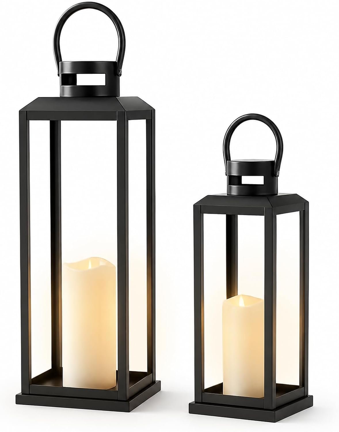 Black Lanterns Decorative Outdoor Indoor, 17″ 13″ Tall | Set of 2, Waterproof, Morden, Metal, with 2 Flameless Candles, Perfect for Floor Patio, Porch, Wedding, Farmhouse