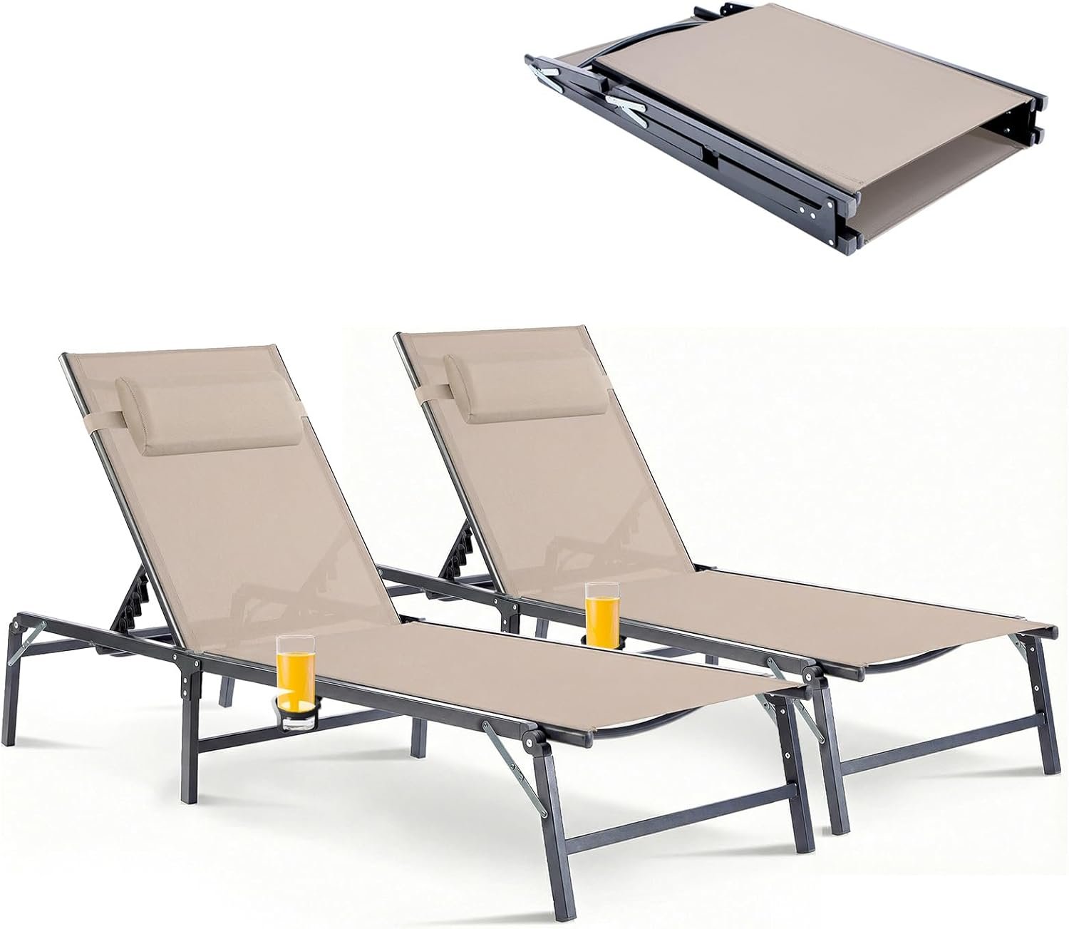2 Pack Foldable Chaise Lounge Chair with Cup Holder, Assemble-Free Outdoor Lounge Chair with Detachable Pillow and 6 Adjustable Backrest, Patio Lounge Chair for Outside Poolside Beach Pool, Khaki