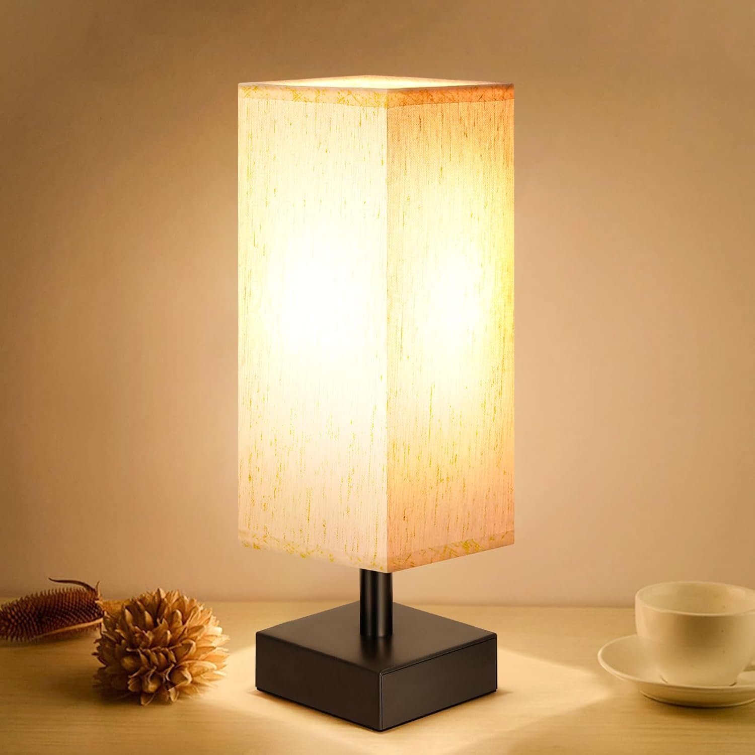 aooshine Small Table Lamp for Bedroom – Bedside Lamps for Nightstand, Minimalist Night Stand Light Lamp with Square Fabric Shade, Desk Reading Lamp for Kids Room Living Room Office Dorm