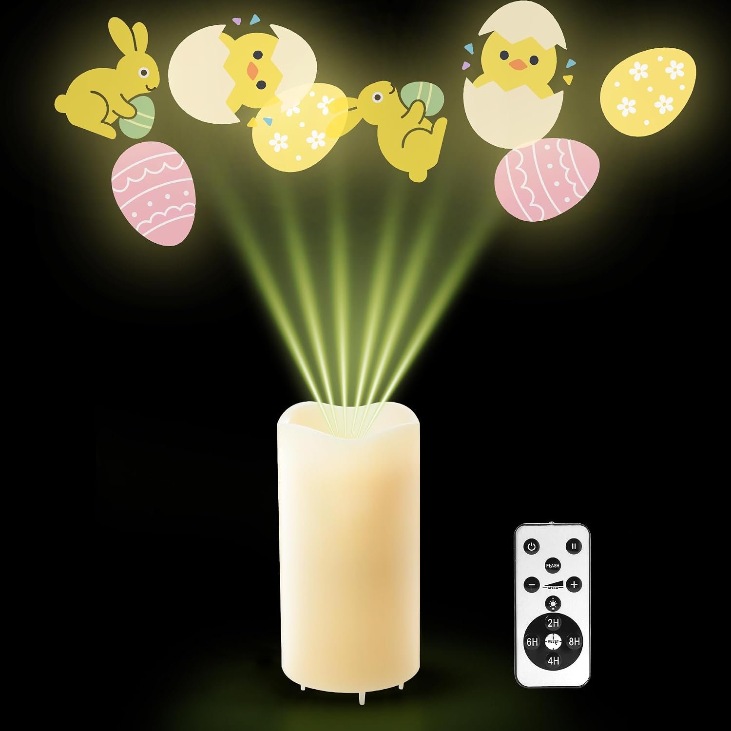 XingsLight Easter Decorations Flameless Candle Projector – LED Pillar Candle with Bunny, Chick & Egg Projection Lights |Remote Control & Timer, Easter Basket Stuffer Gift