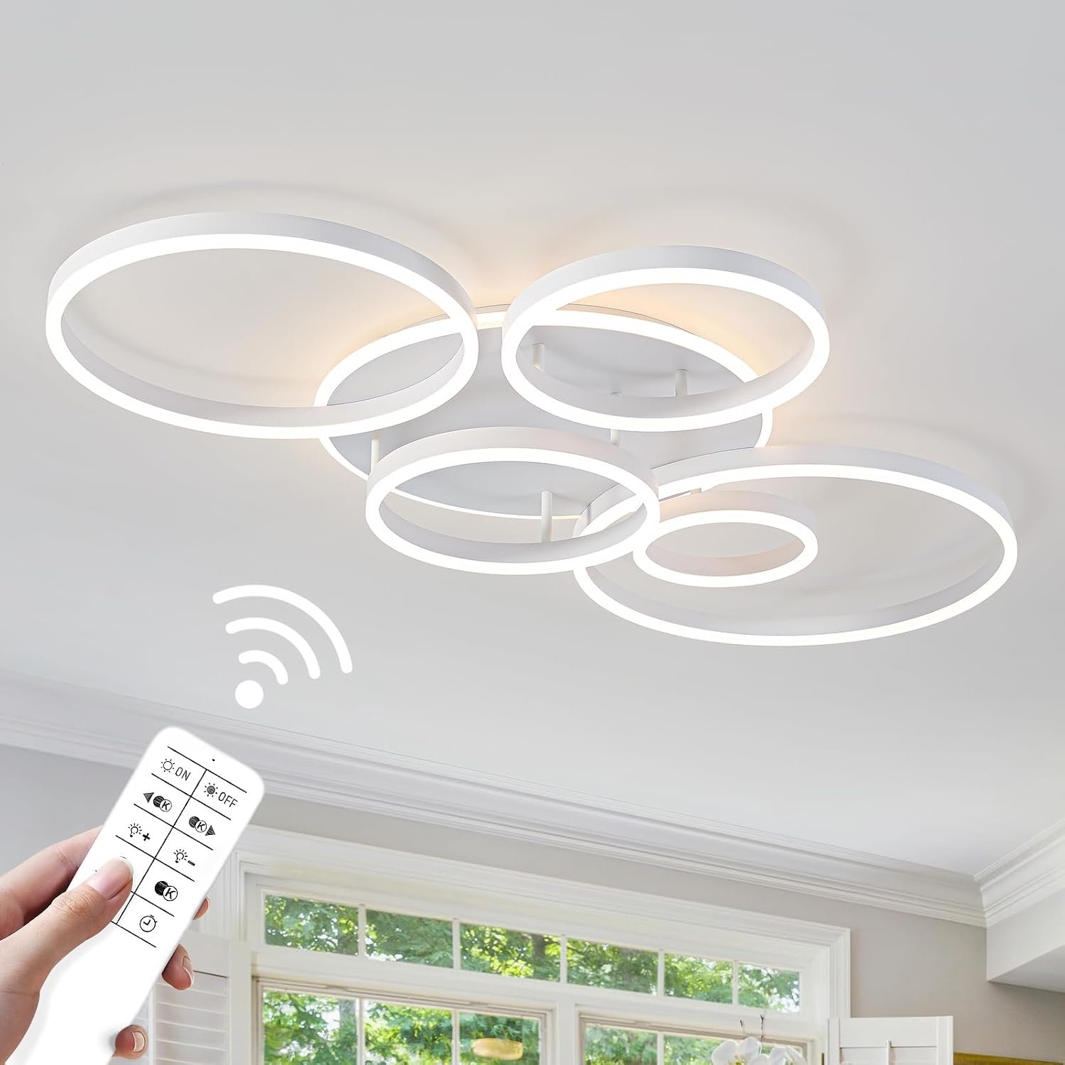 O’NEELDY Modern LED Ceiling Light White Flush Mount Ceiling Lights Fixtures Dimmable 47″ Dining Room Light Fixture with Remote 6 Rings Kitchen Lighting Fixtures Ceiling Lamp for Bedroom,Living Room