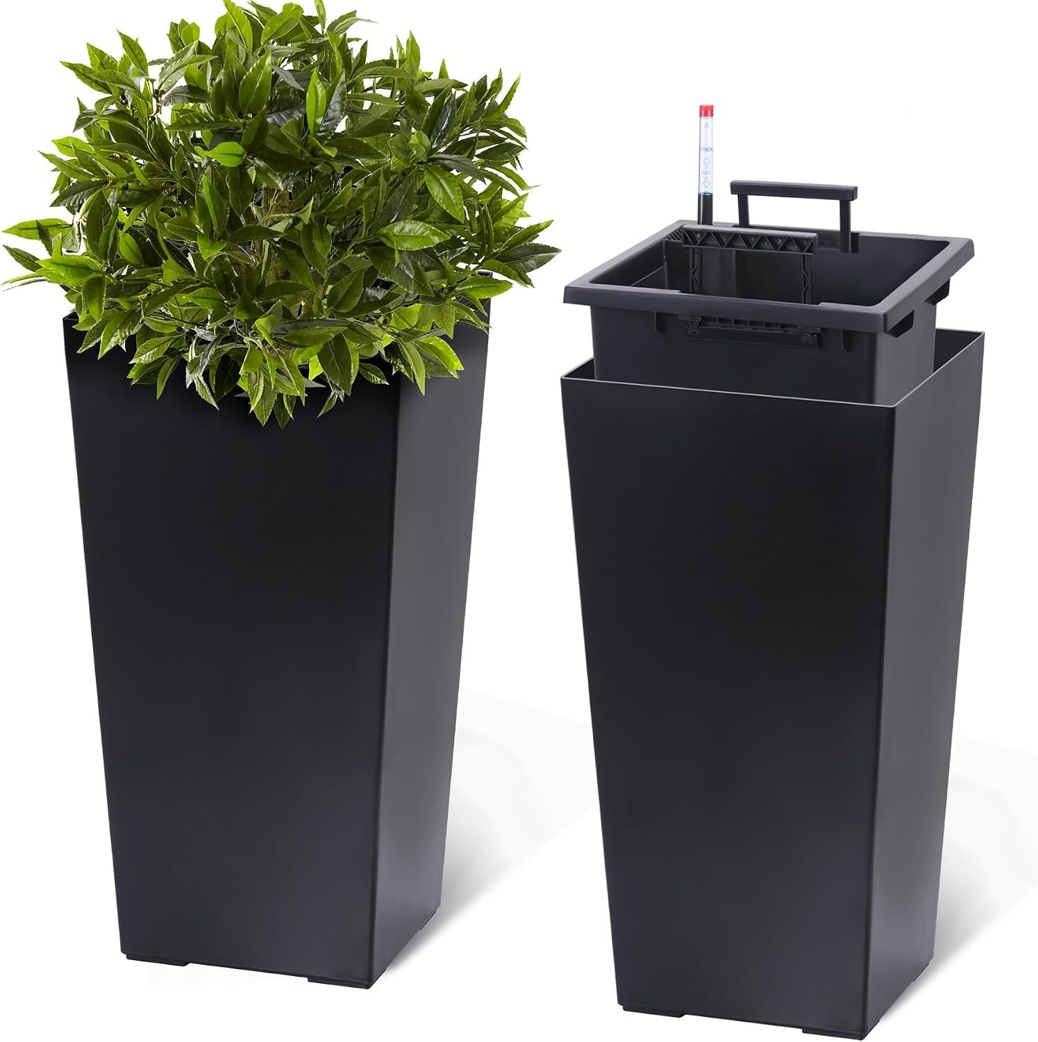 Self-Watering Tall Planters Set of 2, 22.5 Inch Large Indoor Outdoor Flower Pots with Water Level Monitor & Drainage, Modern High Front Porch Planters for Patio Home Decor, Black