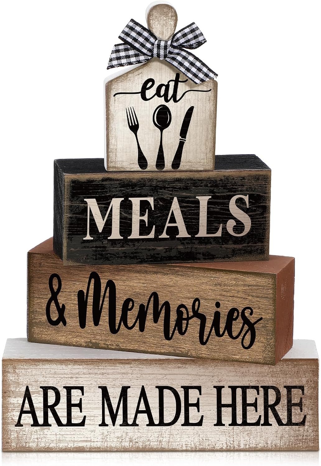 Moucuny 4 Pcs Farmhouse Kitchen Decor Wooden Plate Farmhouse Table Decor Black Brown and White Tableware Centerpiece Rustic Decorative Plates Stacked Block Sign for Display Cabinet Kitchen Decoration