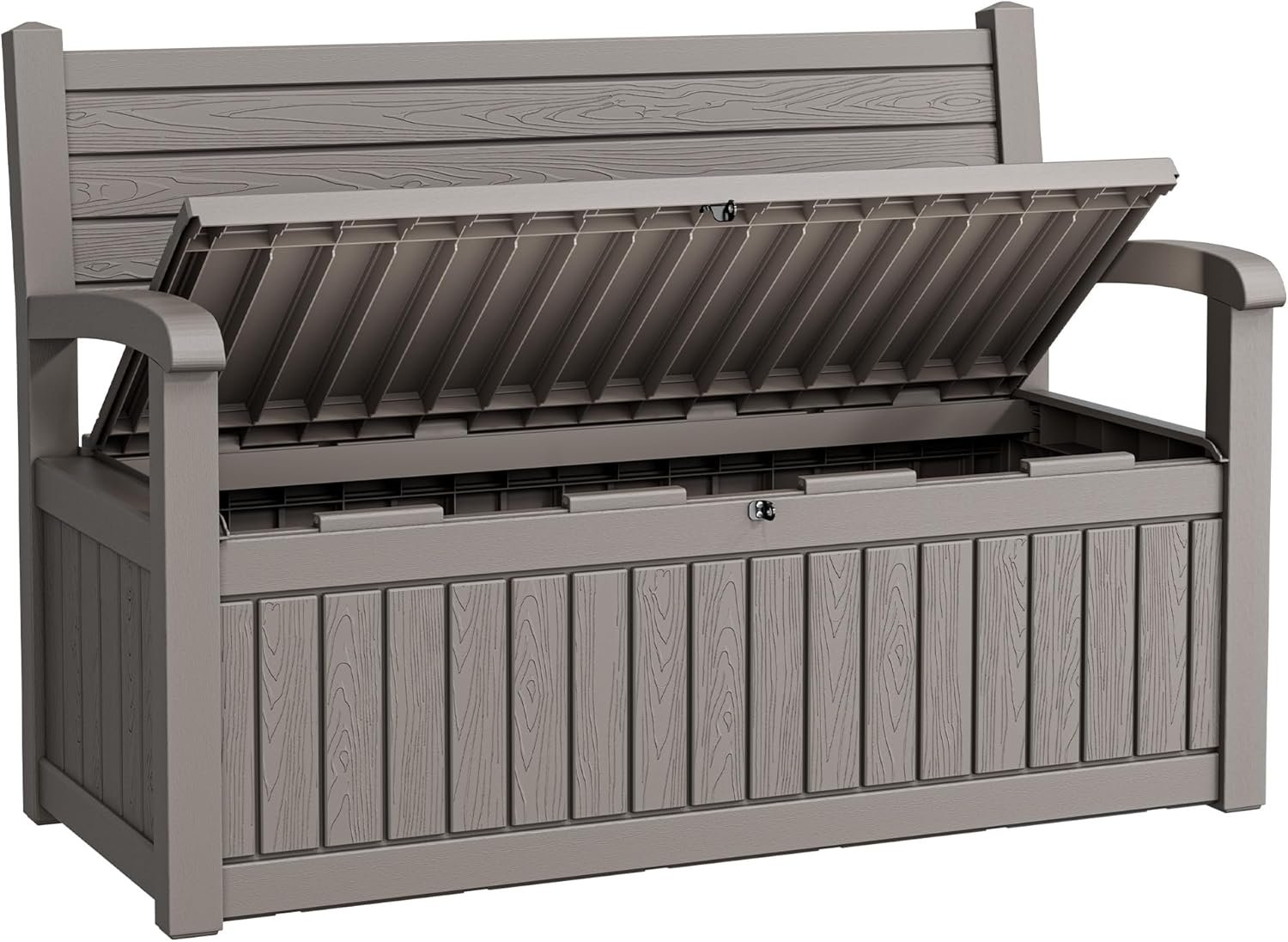 80 Gallon Lockable Deck Bench with Storage, Resin Stripes Outdoor Storage Box, Waterproof Outdoor Porch Bench for Cushions Garden Tools, and Pool Supplies, Grey