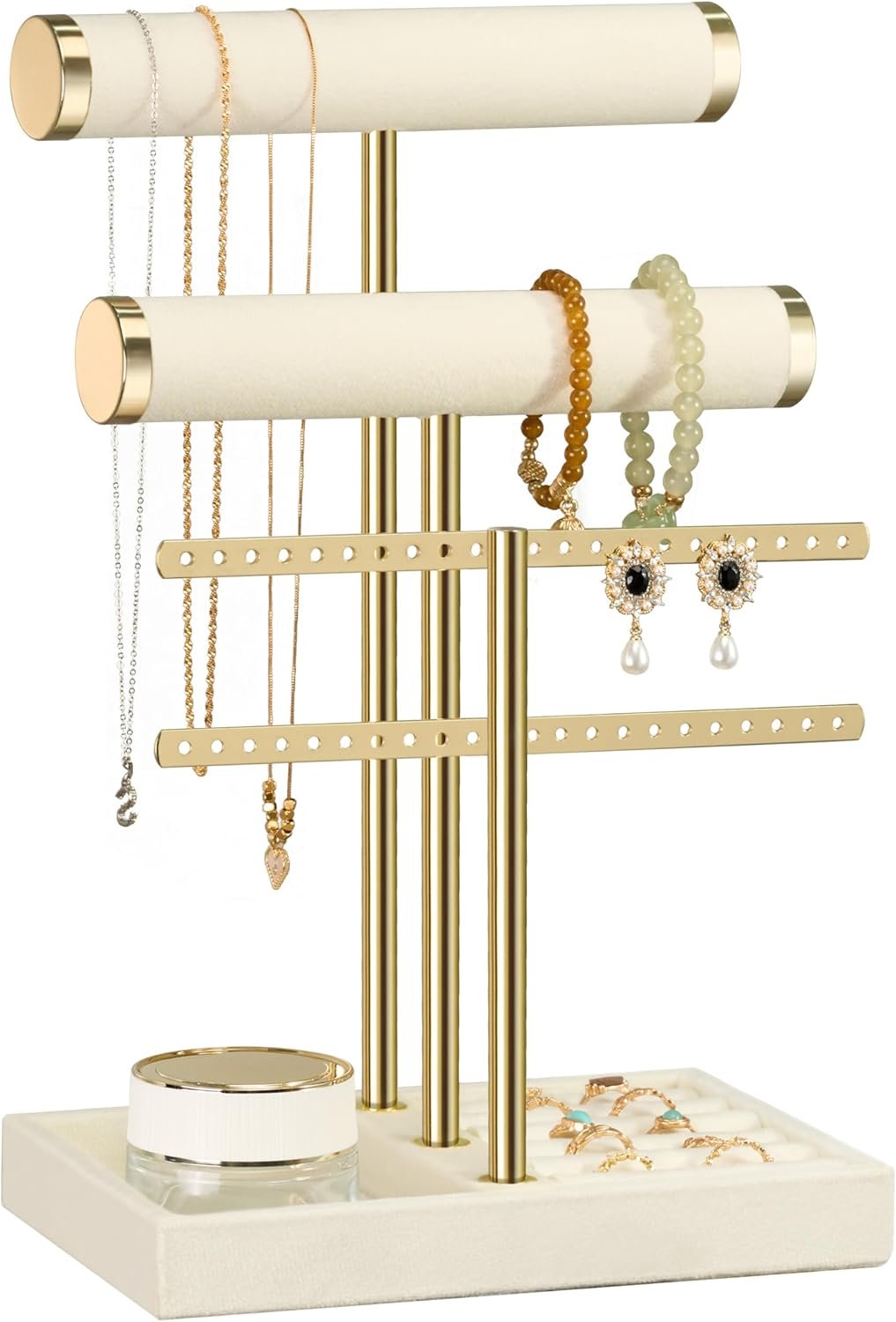 bussdis 3 Tier Bracelet Holder Display – Detachable T Bar Beige Velvet Bracelet Holder, Jewelry Holder Organizer for Bracelet, Necklace, Earrings, Rings