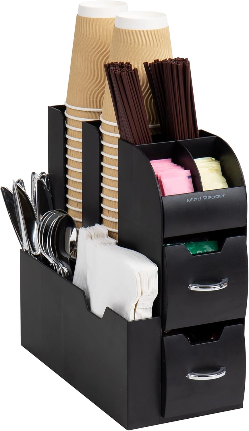 Mind Reader Cup and Condiment Station, Countertop Organizer, Coffee Bar, Kitchen, Stirrers, 5.35″W x 11.25″L x 11.15″H, Black