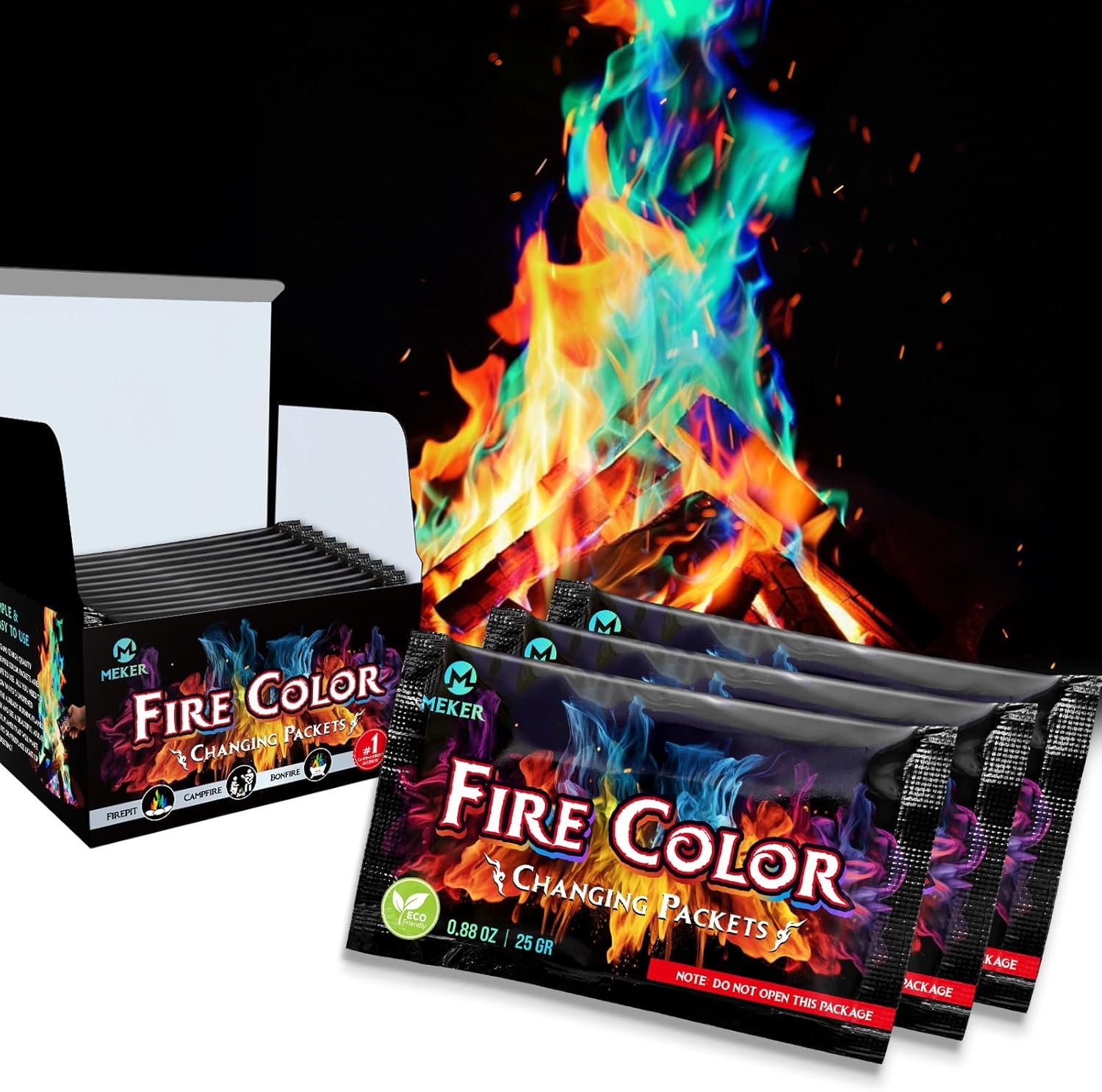 MEKER Fire Color Changing Packets – Fire Pit, Campfires, Outdoor Fireplaces, Bonfire – Magic Colorful Changing Fire – Perfect Fire Camping Accessories for Kids & Adults (12 Pack)