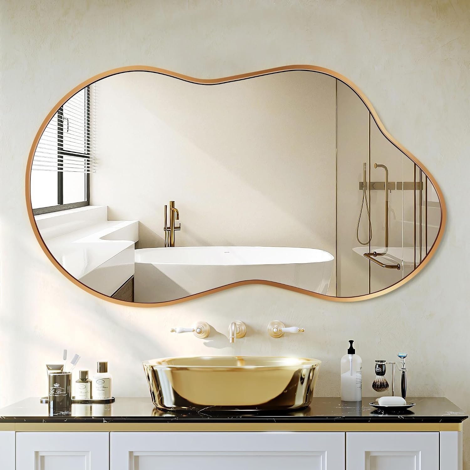 Dorlicecass Irregular Wall Mirror – Wall Mirrors Decorative 20″x36″ Gold Asymmetrical Mirror Tempered Glass Aviation Aluminum Alloy Frame for Bathroom, Bedroom, Living Room, Cloakroom, Entryway