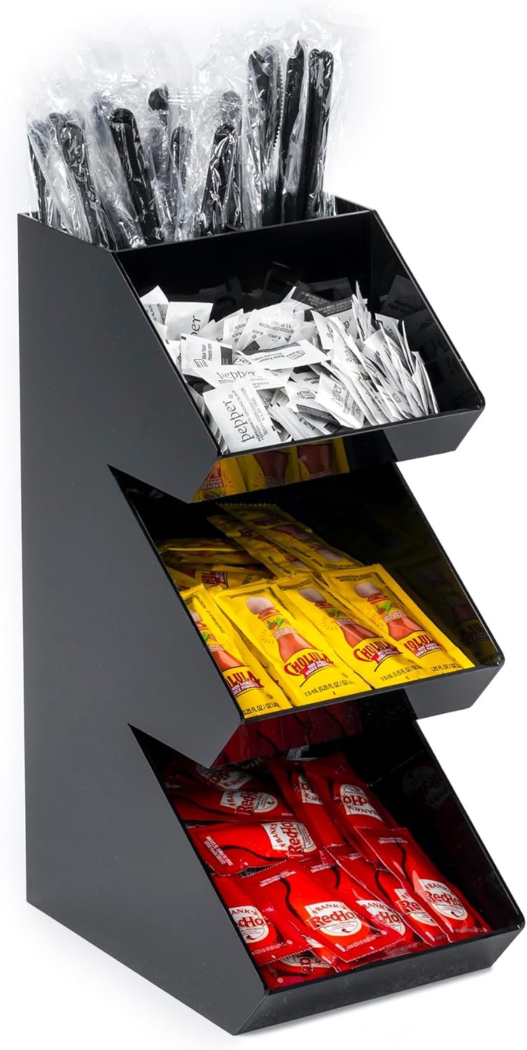 Inevibe Condiment Holder Stand – 3 Tier Compartment for Condiments, Sauce Packets, and Coffee Station Organizer for Bar, Restaurant, Cafe, Home – Black Acrylic Caddy Storage Rack