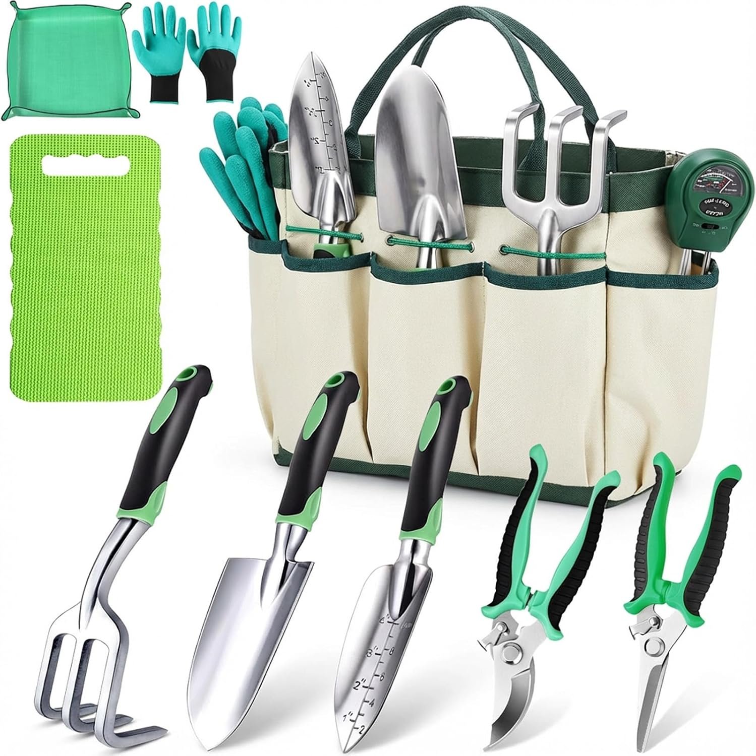10PCS Heavy-Duty Garden Tools Set for Beginners – Rust-Proof Aluminum Garden Kit with Soil Tester, Repotting Mat & Kneeling Pad, Perfect Gardening Gift for Women, Mom & Beginners