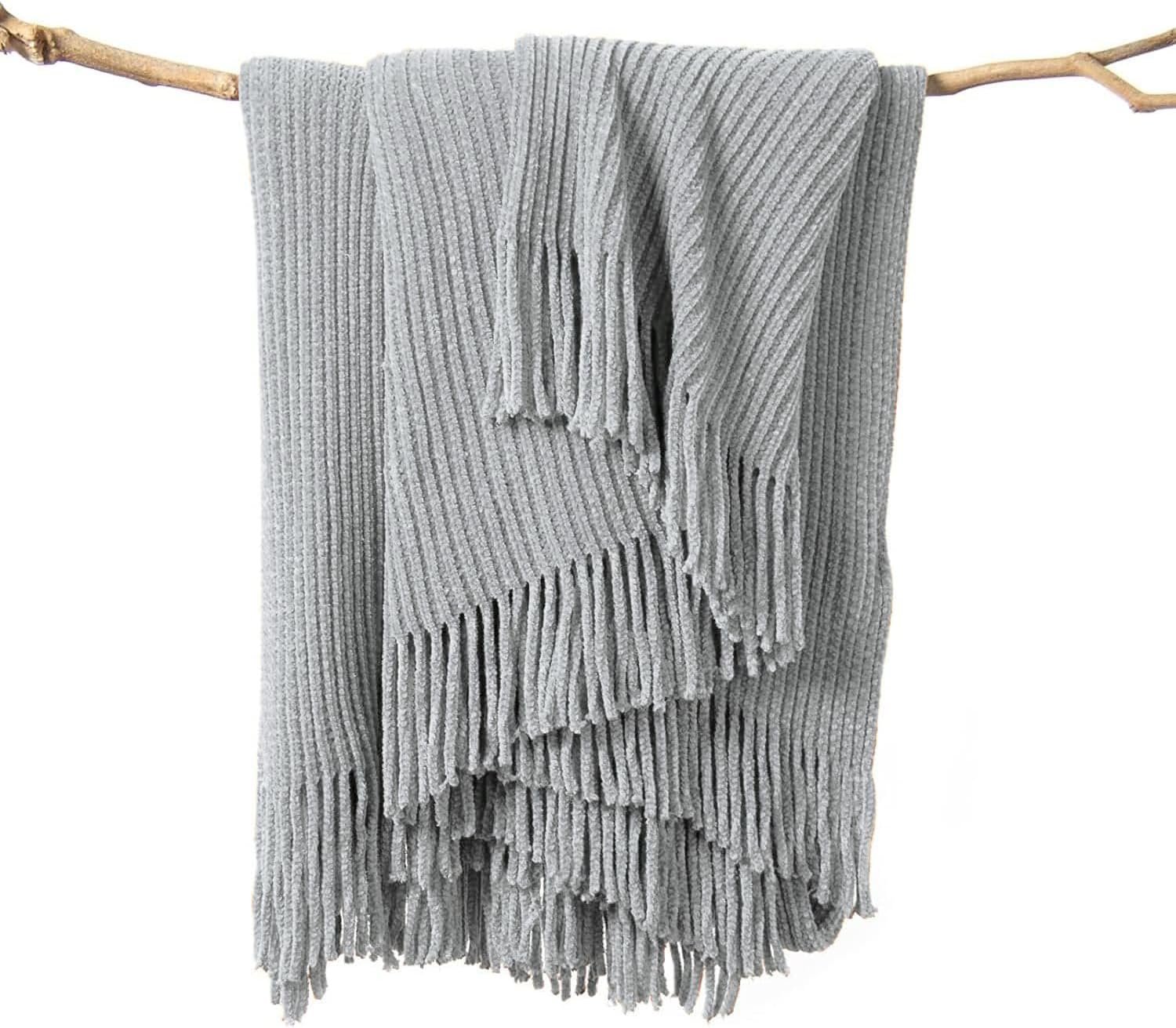 lifein Throw Blanket for Couch, Soft Boho Decor Bed Throw,Cozy Grey Knitted Chenille Small Farmhouse Lightweight Throw (Light Grey,50 * 60″)