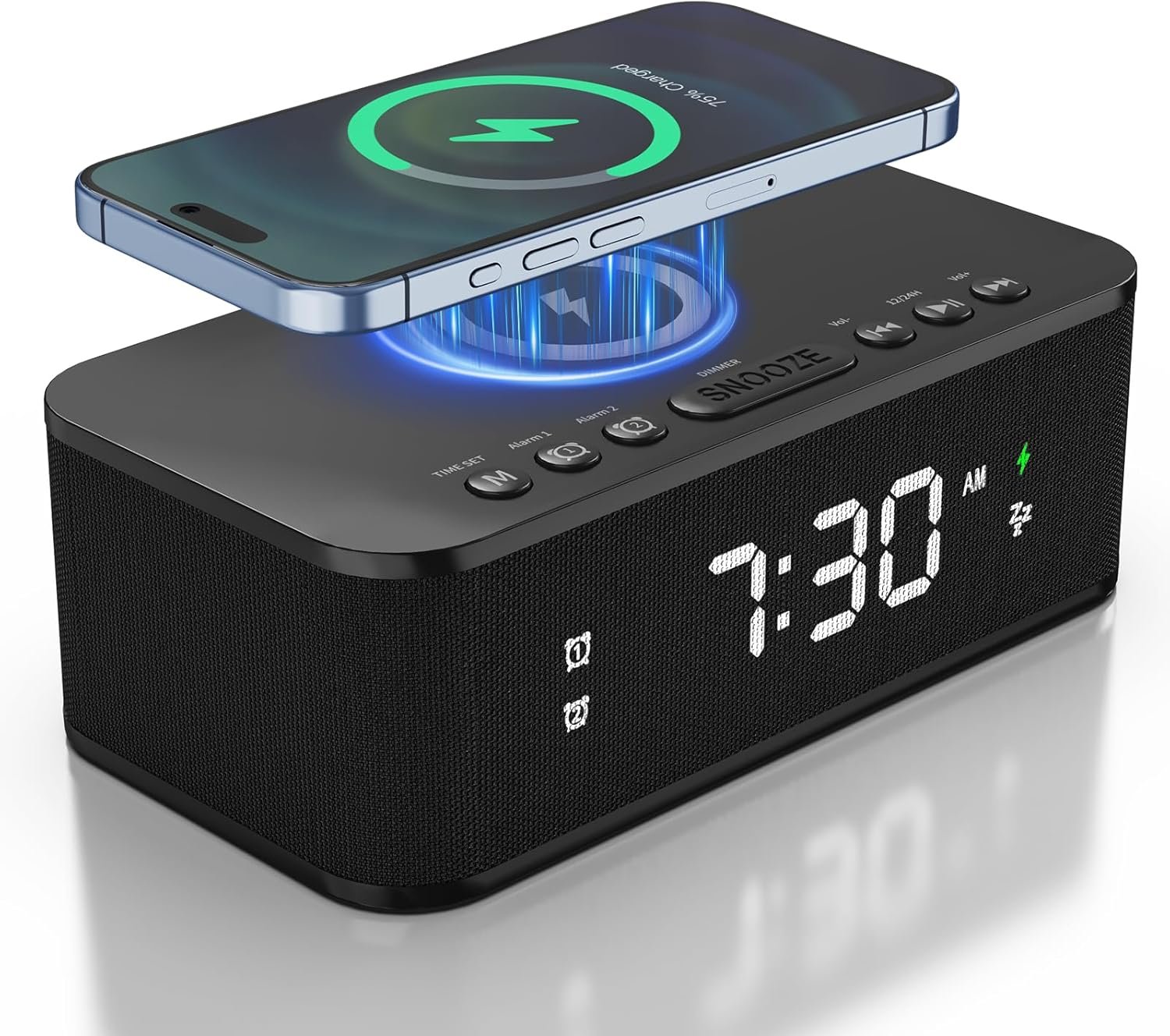 Digital Alarm Clock White Noise, Loud Digital Alarm Clocks Bedrooms, Alarm Clock Speaker Wireless Charger AUX USB Bluetooth Speaker 12/24H Dual Alarm Snooze Adjustable Brightness, Black