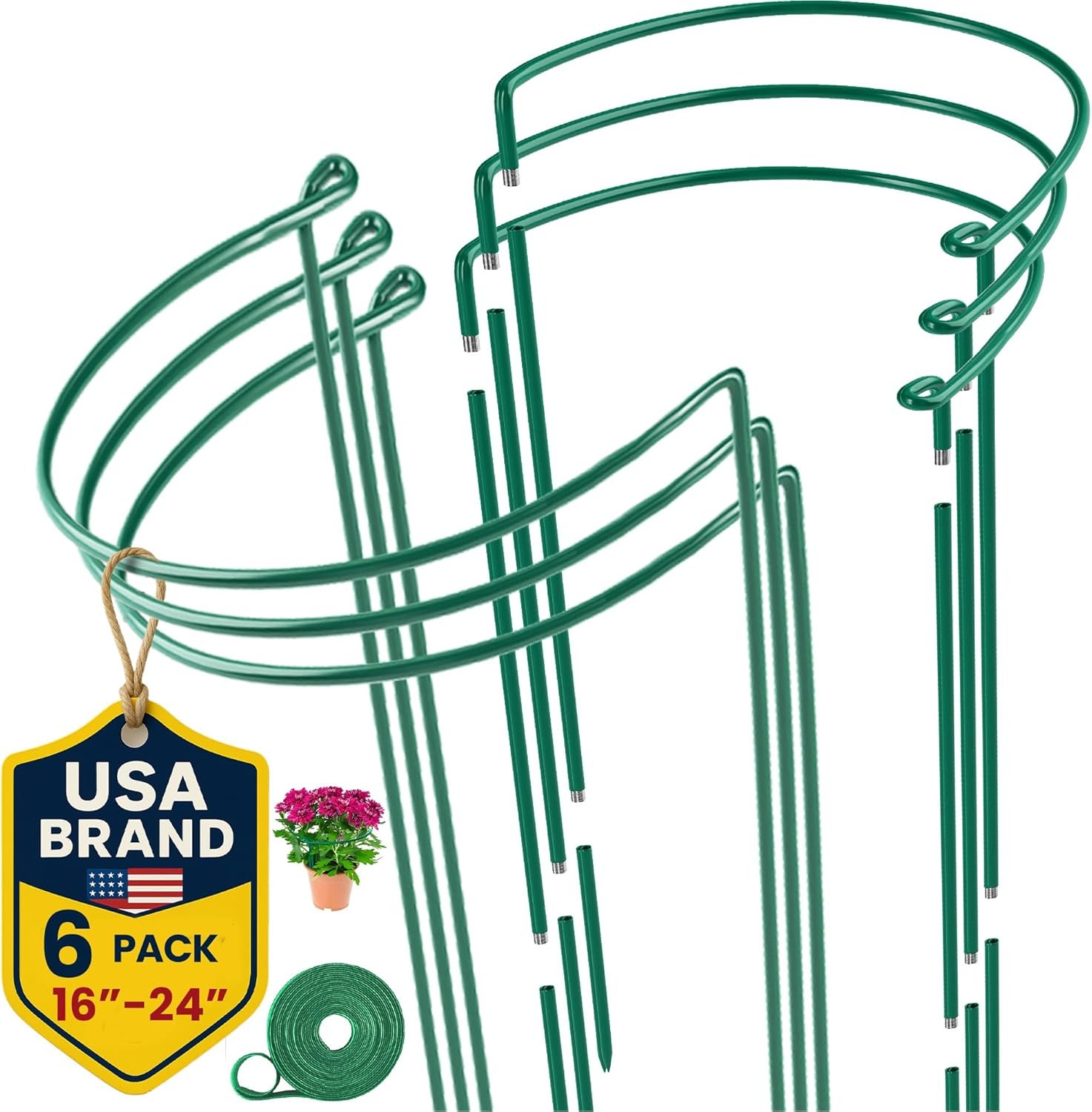 6 Pack Plant Support Stakes – Tall Plant Stakes for Indoor and Outdoor Gardens – Peony Cages and Supports – Cage Rings for Potted Flowers, Peony, Hydrangea, and Rose Bush (10″ W x 16″ – 24″ H)