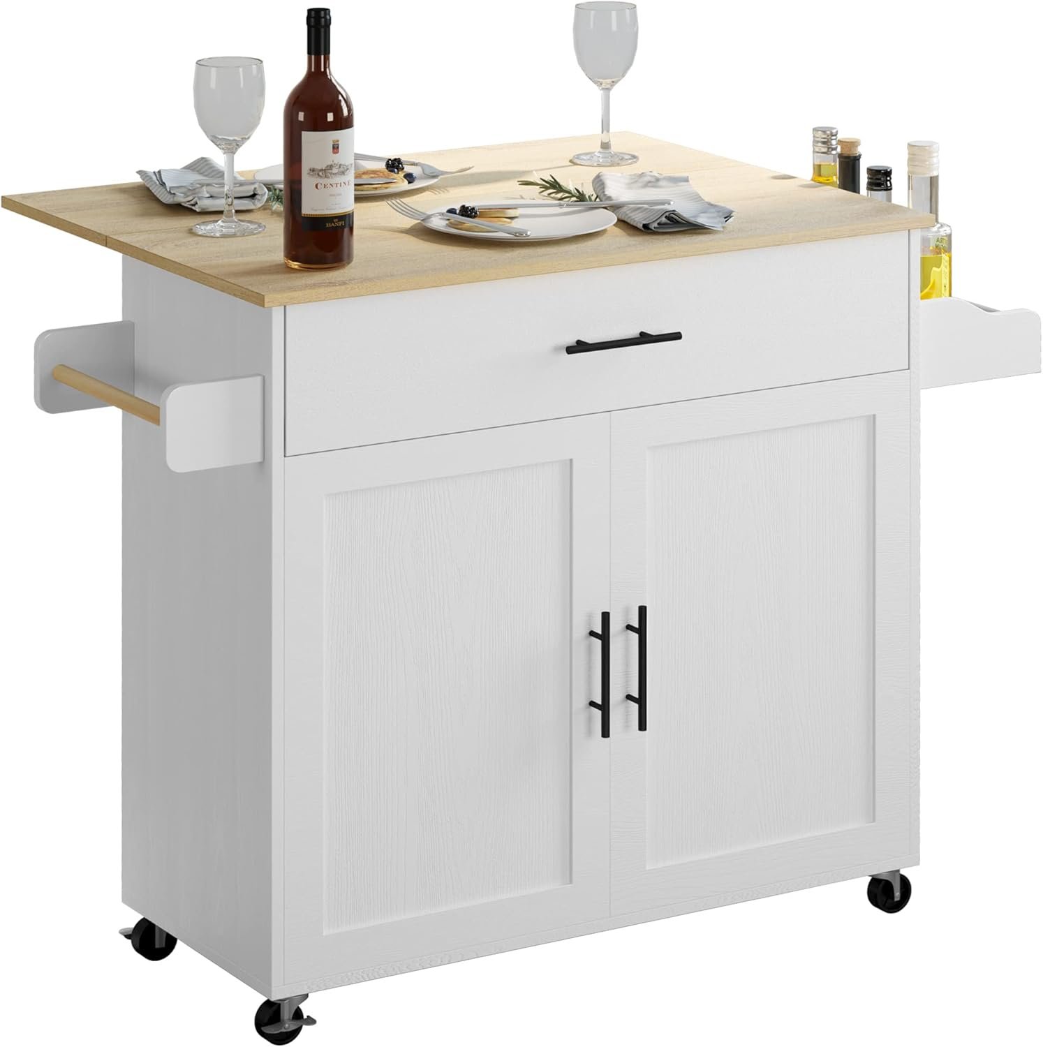 IRONCK Rolling Kitchen Island Table on Wheels with Drop Leaf, Storage Cabinet, Drawer, Spice/Towel Rack, Kitchen Cart, 47.25″ Wide White
