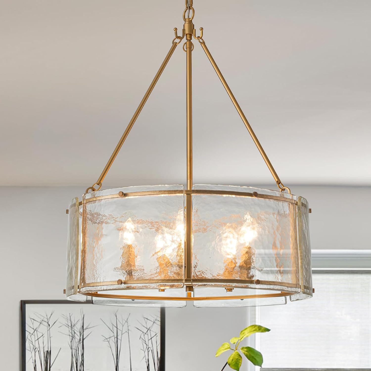 20.47″ Glass Gold Chandeliers for Dining Room,Drum Dining Room Light Fixtures Over Table,Hanging Pendant Light for Hight Ceiling,Foyer,Living Room,Entryway,Kitchen