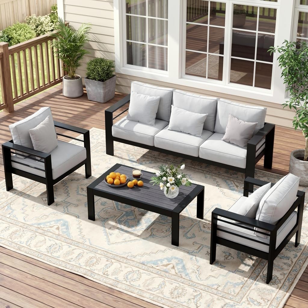 Solaste Aluminum Patio Furniture Set for All Weather, Oversized Metal Outdoor Furniture Set with 27.5″ Deep Seating and 3.2″ Wide Armrest, Patio Conversation Set with 5″ Cushion, Black and Grey