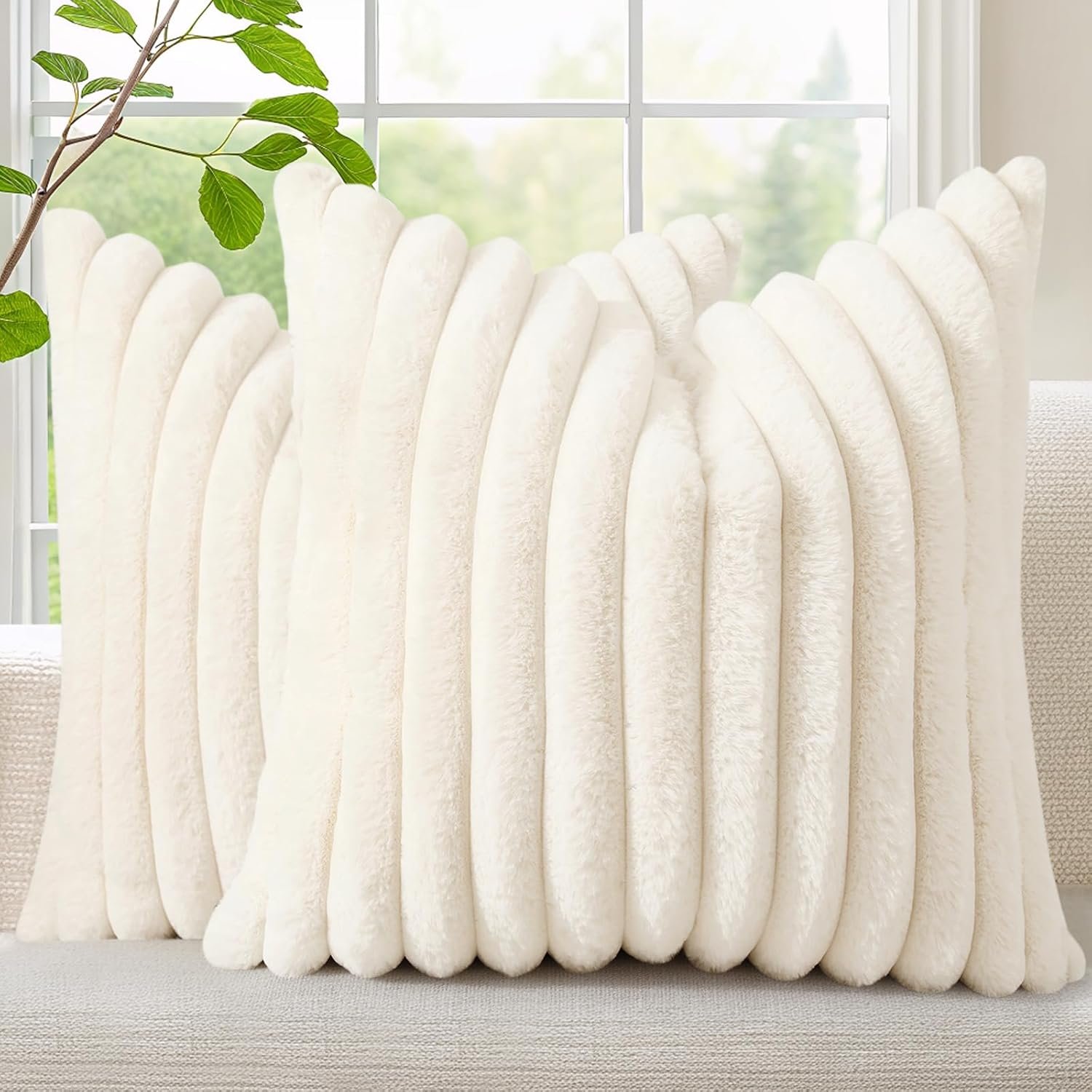 decorUhome Fall Cozy Faux Fur Throw Pillow Covers 18×18 Set of 2 Decorative Soft Plush Striped Modern Farmhouse Boho Couch Pillow Cases with Velvet Back for Sofa Bed Living Room, Cream White