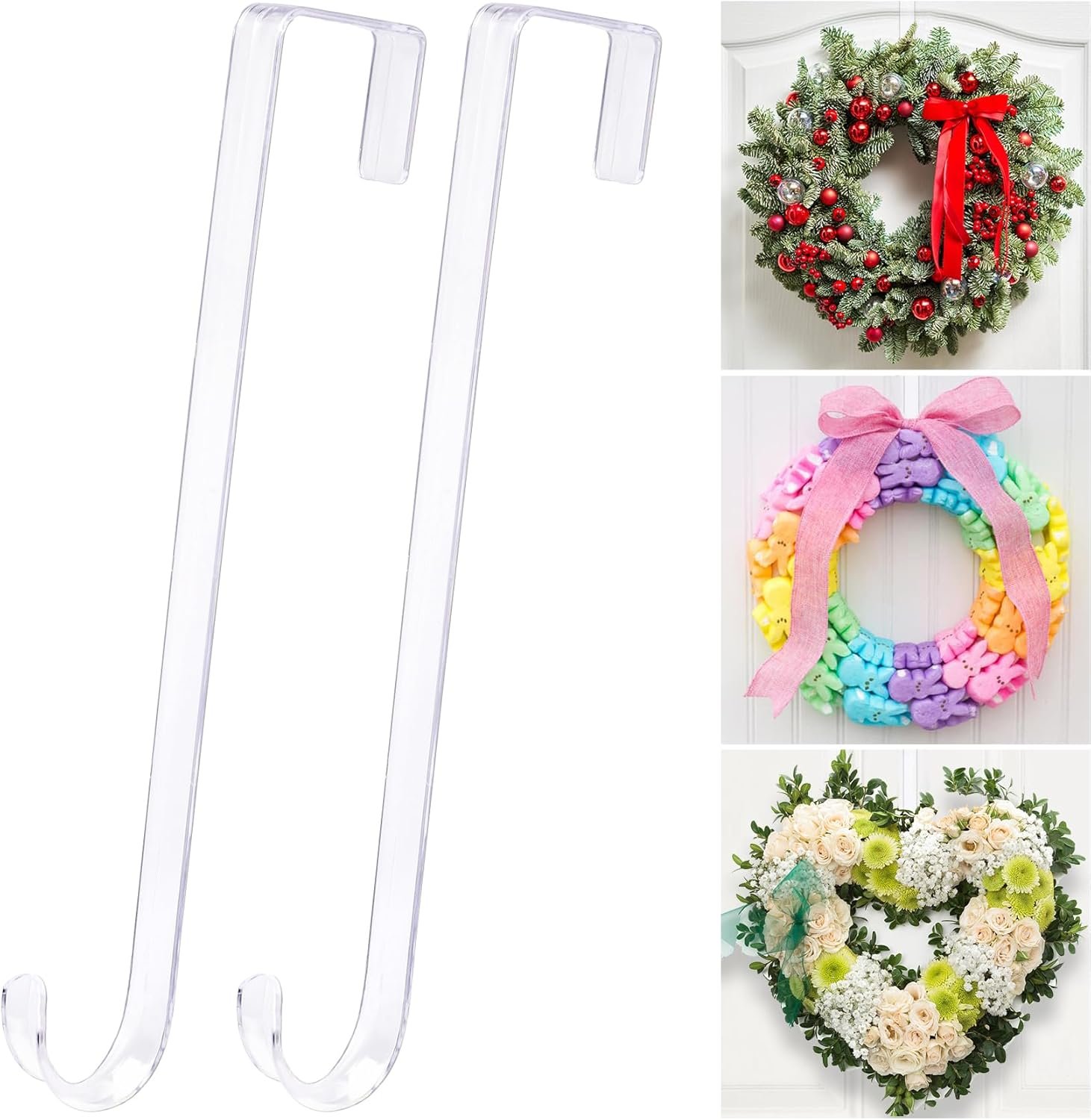 12″ Clear Wreath-Hanger Non Scratch Over The Door Hooks,2 Pack Easter Halloween Christmas Decoration Welcome Sign for Front Doors Décor Inside Outside,Slim Hangers Organizer for Home